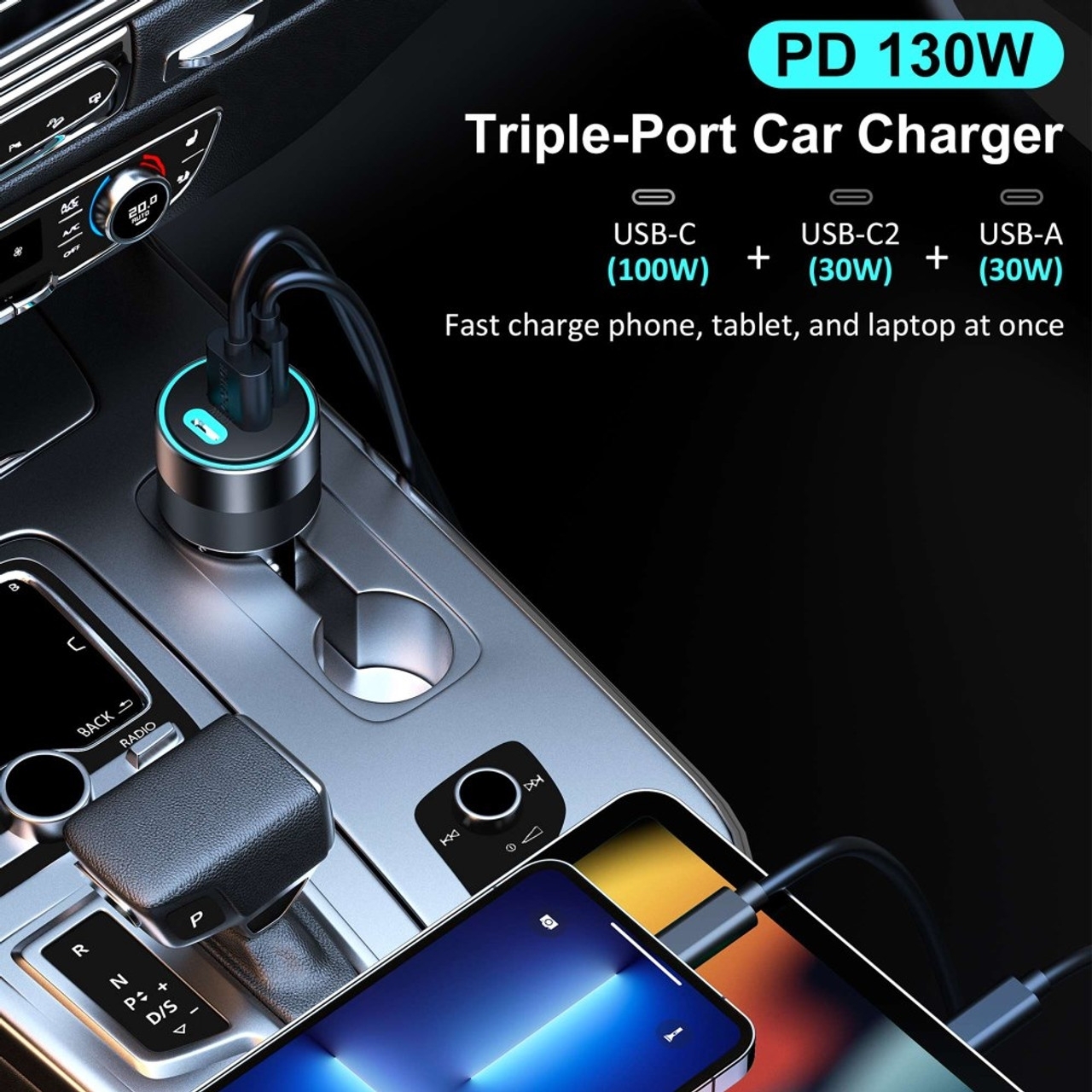 CHOETECH TC0011 130W 3 Ports (Dual USB-C Port PD3.0 + USB-A Port) Fast Car Charger โ image 3