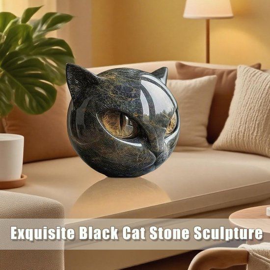 Black and Gold Resin Cat Head Sculpture, Polished Decorative Figurine, 9 × 9 cm — image 4
