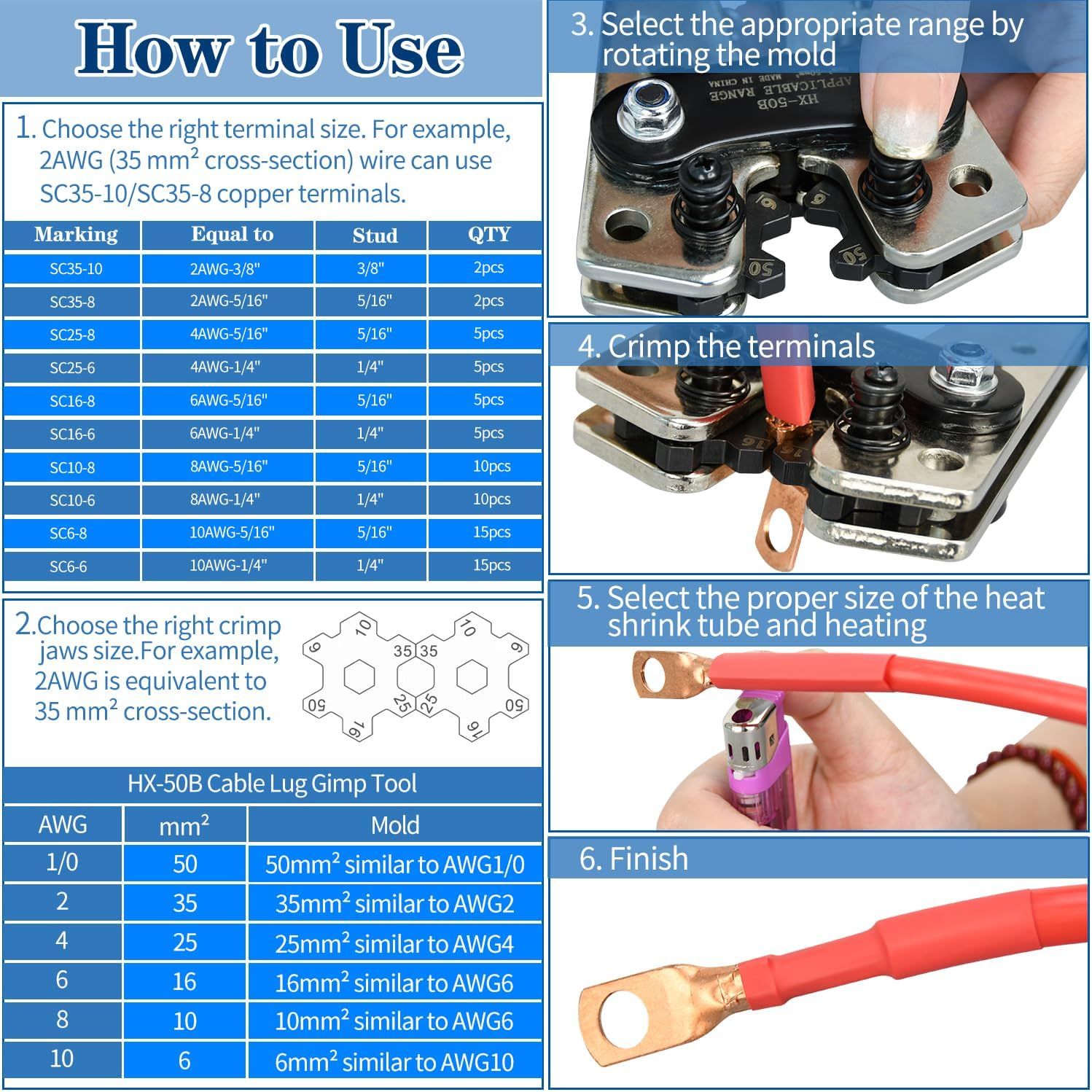 Cable Lug Crimping Tool Kit with 74 Copper Wire Lugs and 100 Heat Shrink Tubes, Heavy Duty Crimper for AWG 10 to 1/0 โ image 4