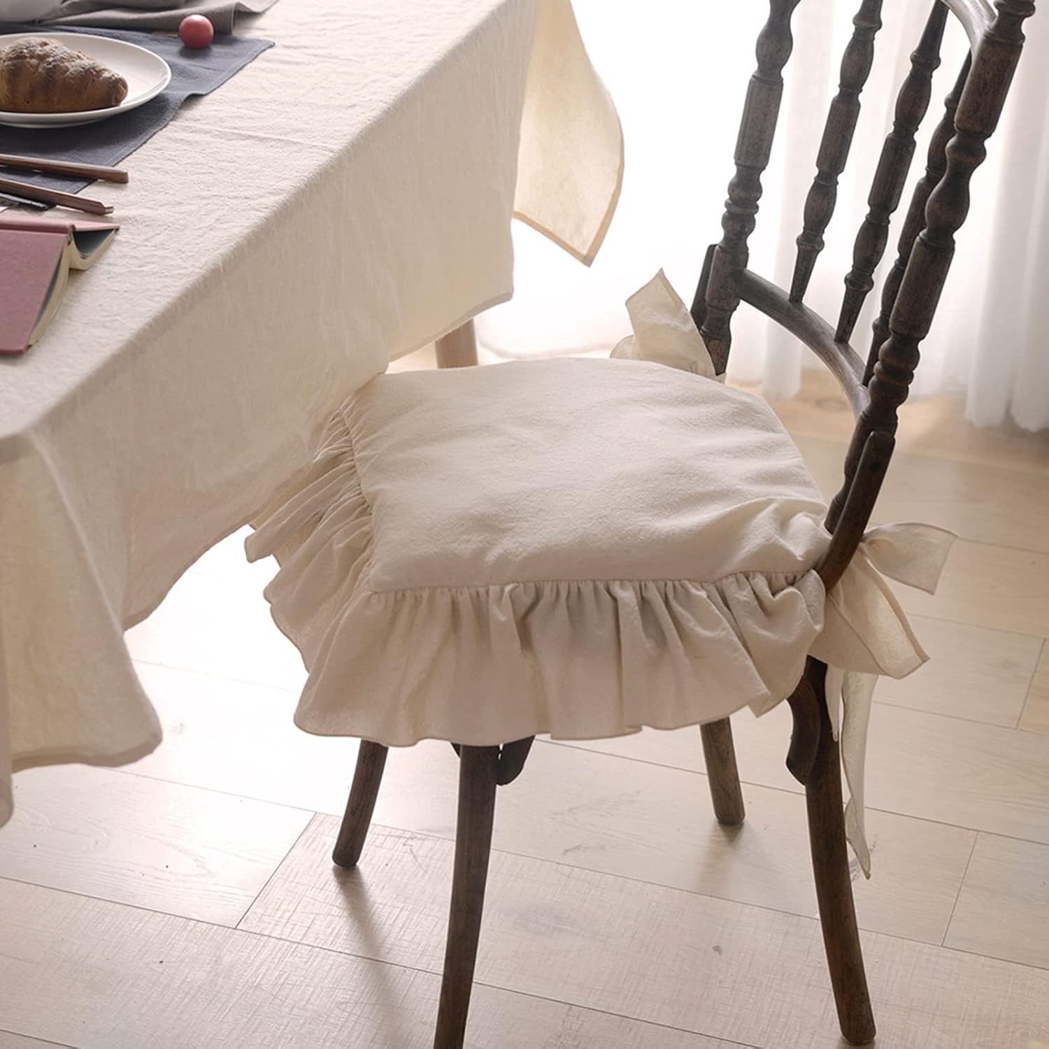 Ruffled Chair Cushions with Ties Elegant Vintage Cotton Chair Pads Soft Cotton Filled Seat Cushion for Farmhouse Home Kitchen Dining,Flesh,37 × 37cm — image 3