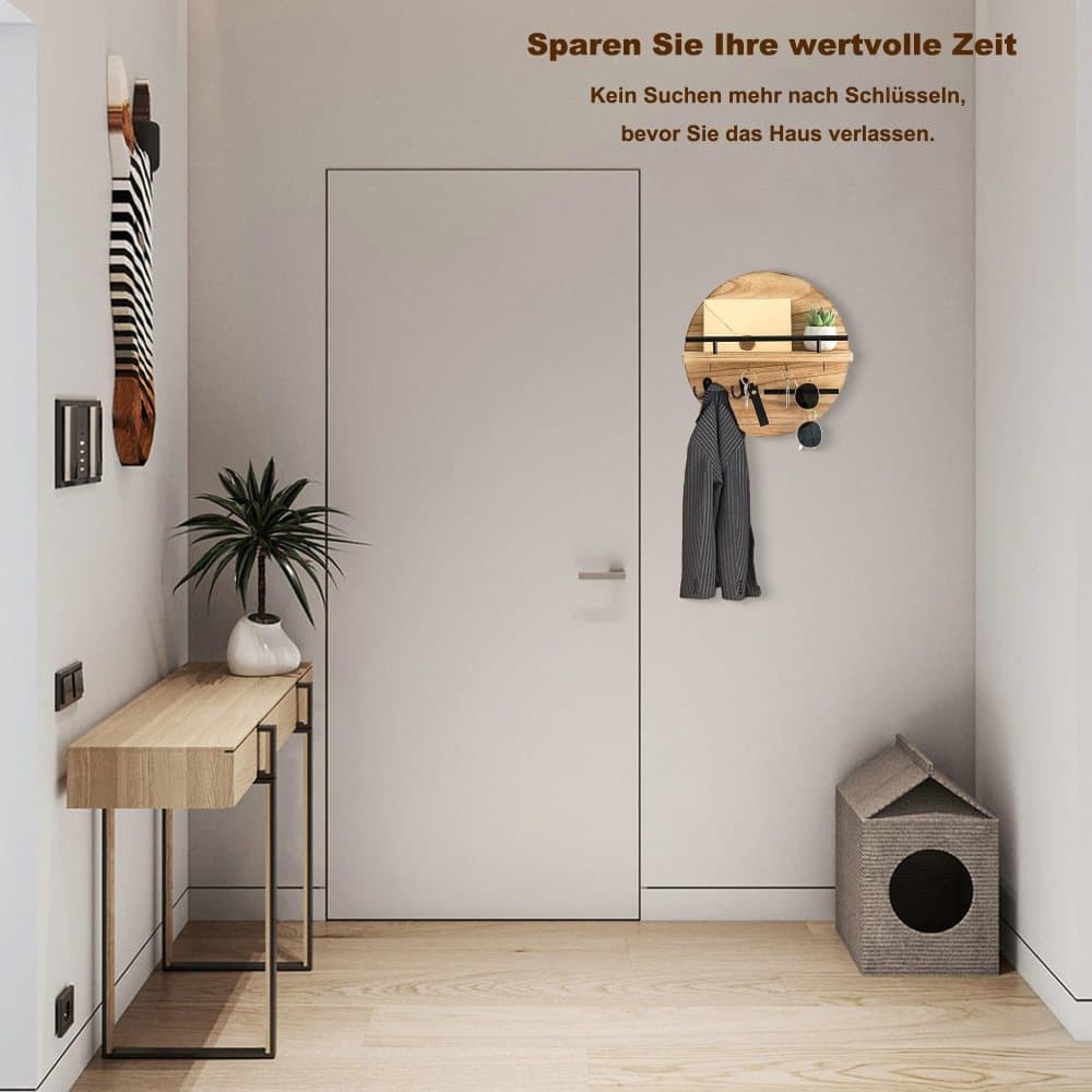 Wooden Key Holder with Storage Tray and Hooks for Hallway Corridor Bedroom Office, Light Brown — image 4