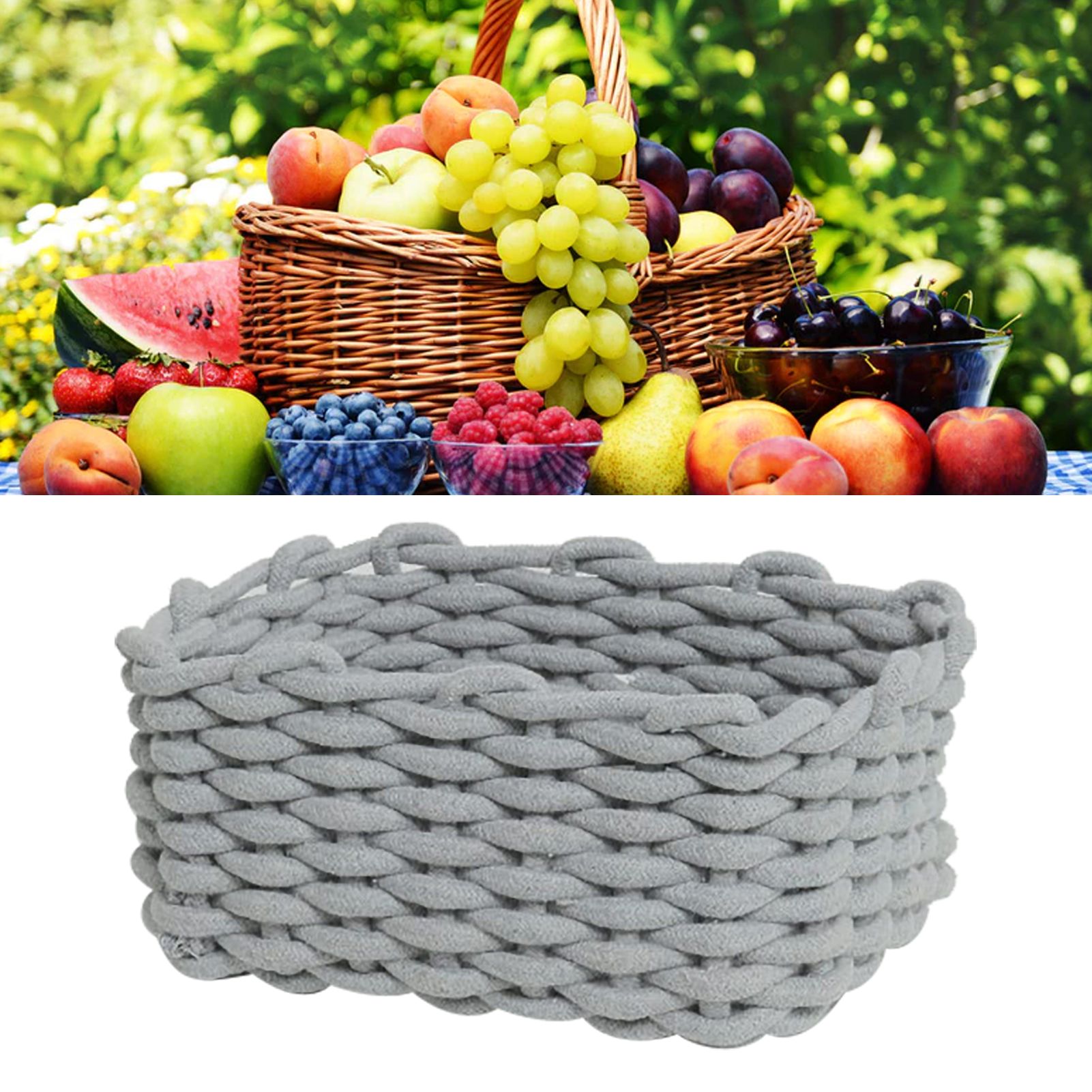 Cotton Rope Storage Basket Hand Knitting Nordic Style Desktop Storage Organizer for Key Snacks Underwear Grey 30 × 22 × 14cm/11.8 × 8.7 × 5.5in — image 5