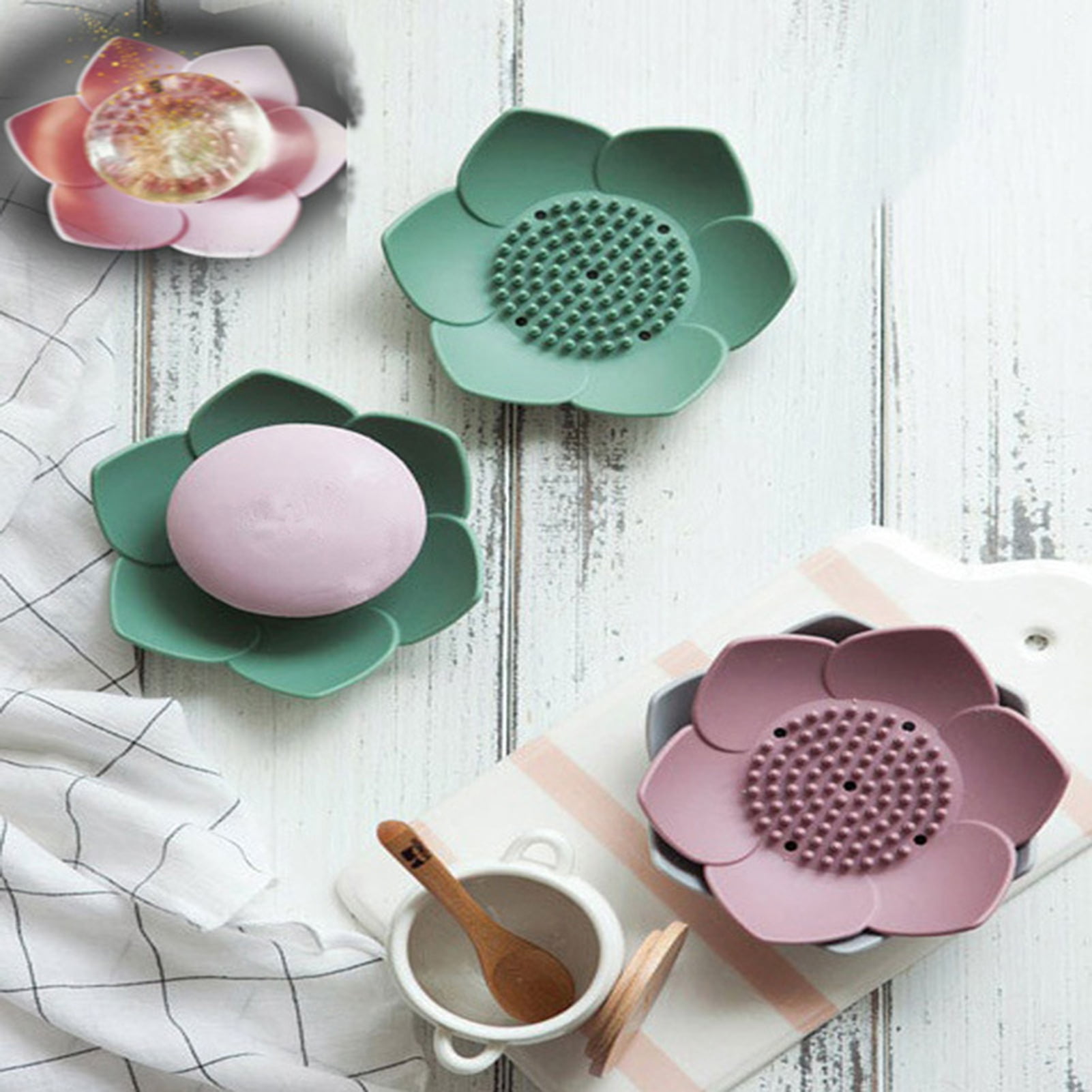 Silicone Soap Dishes with Draining - Lotus Shaped Bathroom Bar Soap Holder for Shower - Soap Tray for Kitchen Sink - Floral Shape Soap Saver for Counter โ image 5