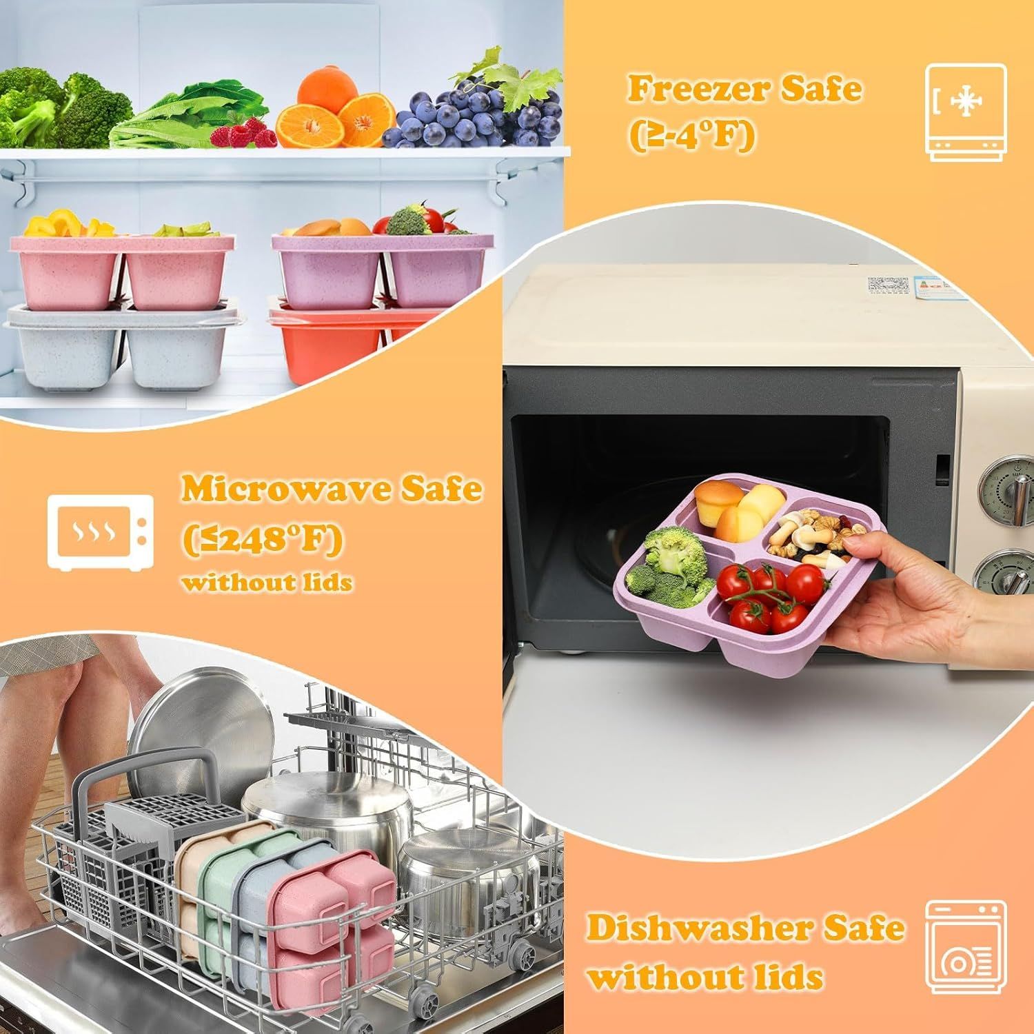 4-Pack Wheat Straw Bento Snack Boxes, 4-Compartment Reusable Lunch Containers for Kids & Adults, BPA-Free Portion Control, Microwave & Freezer Safe — image 6