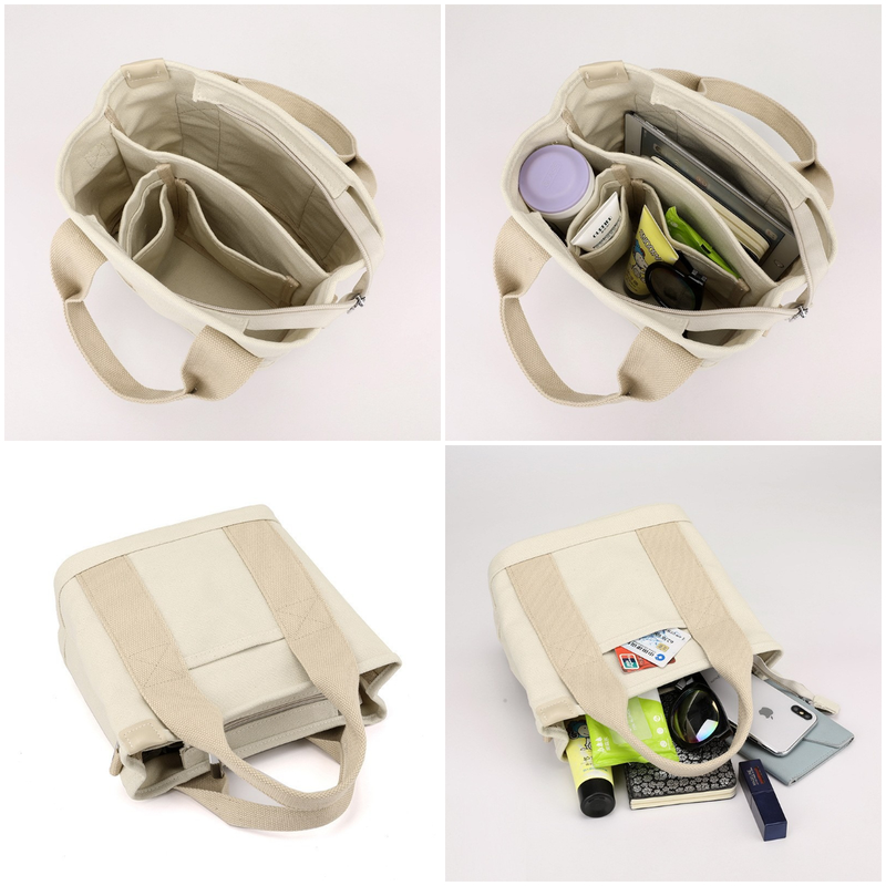 Multi-Compartment Canvas Tote Bag, 3-Way Handheld, Crossbody, and Shoulder Bag with Adjustable Strap for Daily Work and Shopping - Khaki — image 5