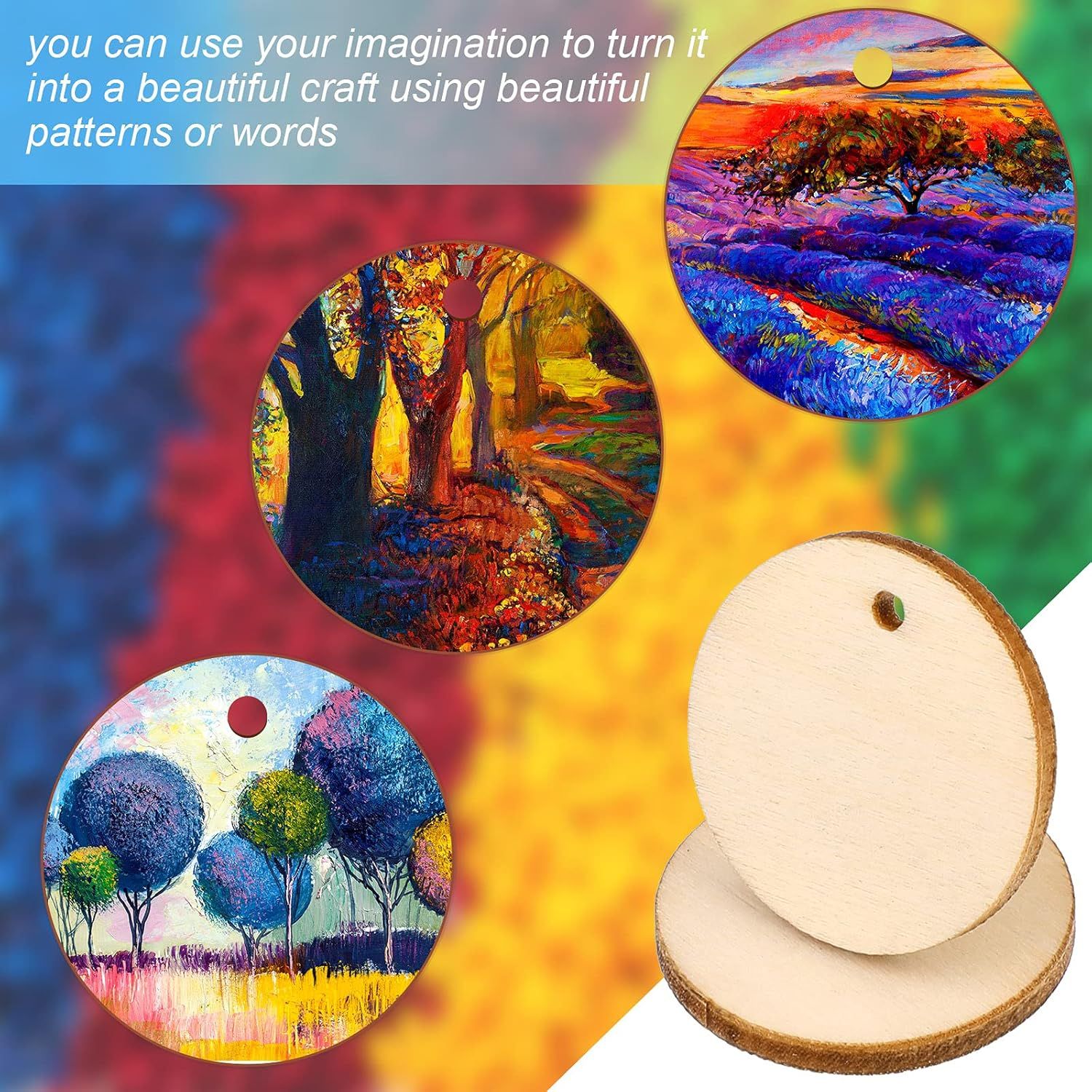 200 Pieces Uninished Blank Wood Circle Pendants Round Disc Circle Wood Pieces Round Wooden Disk with Hole Small Wooden Pendant or Crat Decoration Embellishment — image 5