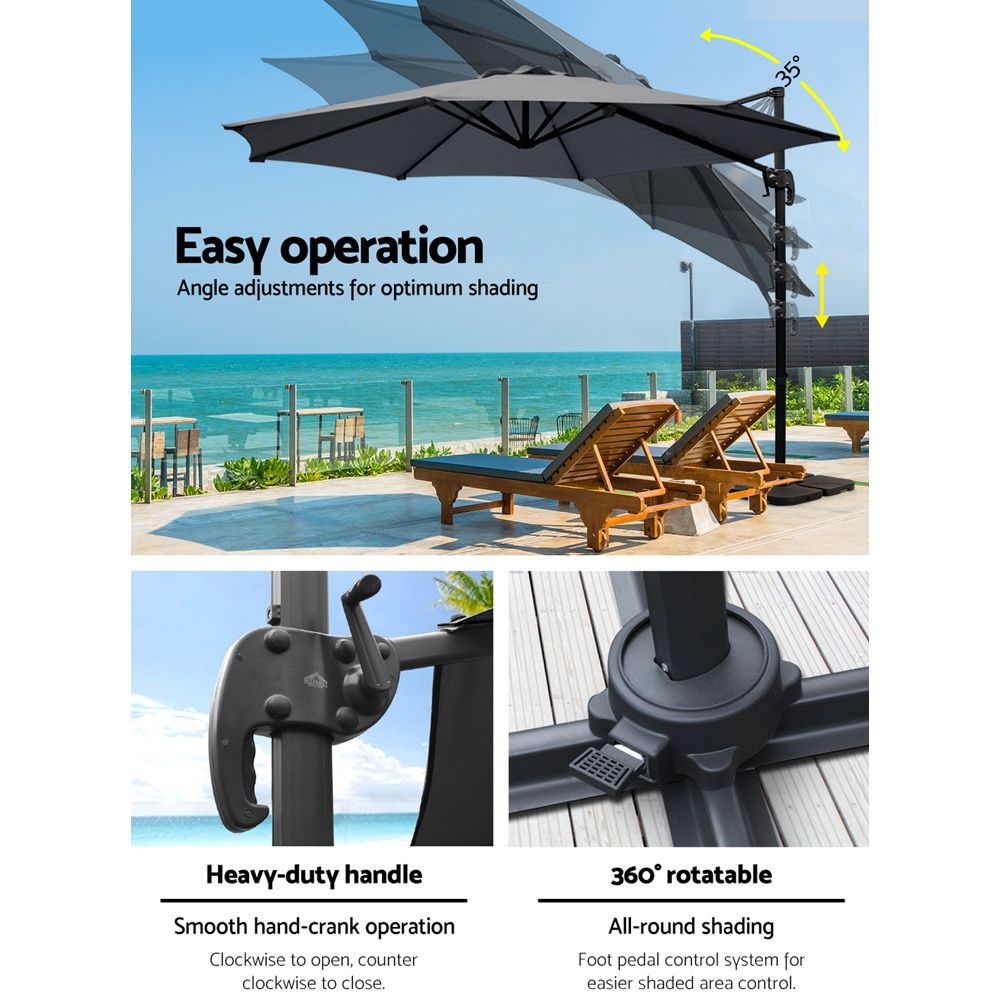 Instahut 3m Outdoor Umbrella w/Base Cantilever Beach Roma 360 Degree Tilt Charcoal โ image 5