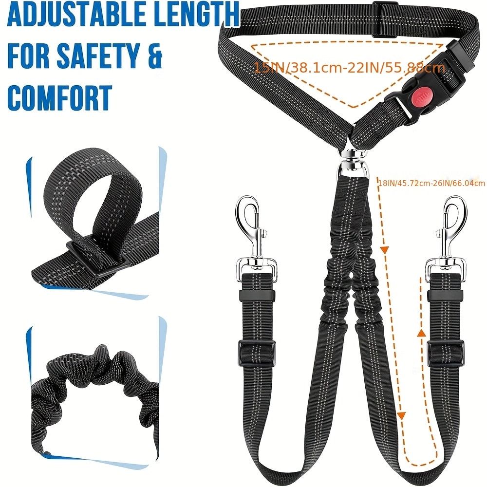 Dual-Head Pet Car Seat Belt with 360° Swivel Tangle-Free Leash for Two Dogs - Adjustable Safety Restraint for Car Travel and Outdoor Walking, Reflective Nylon — image 5