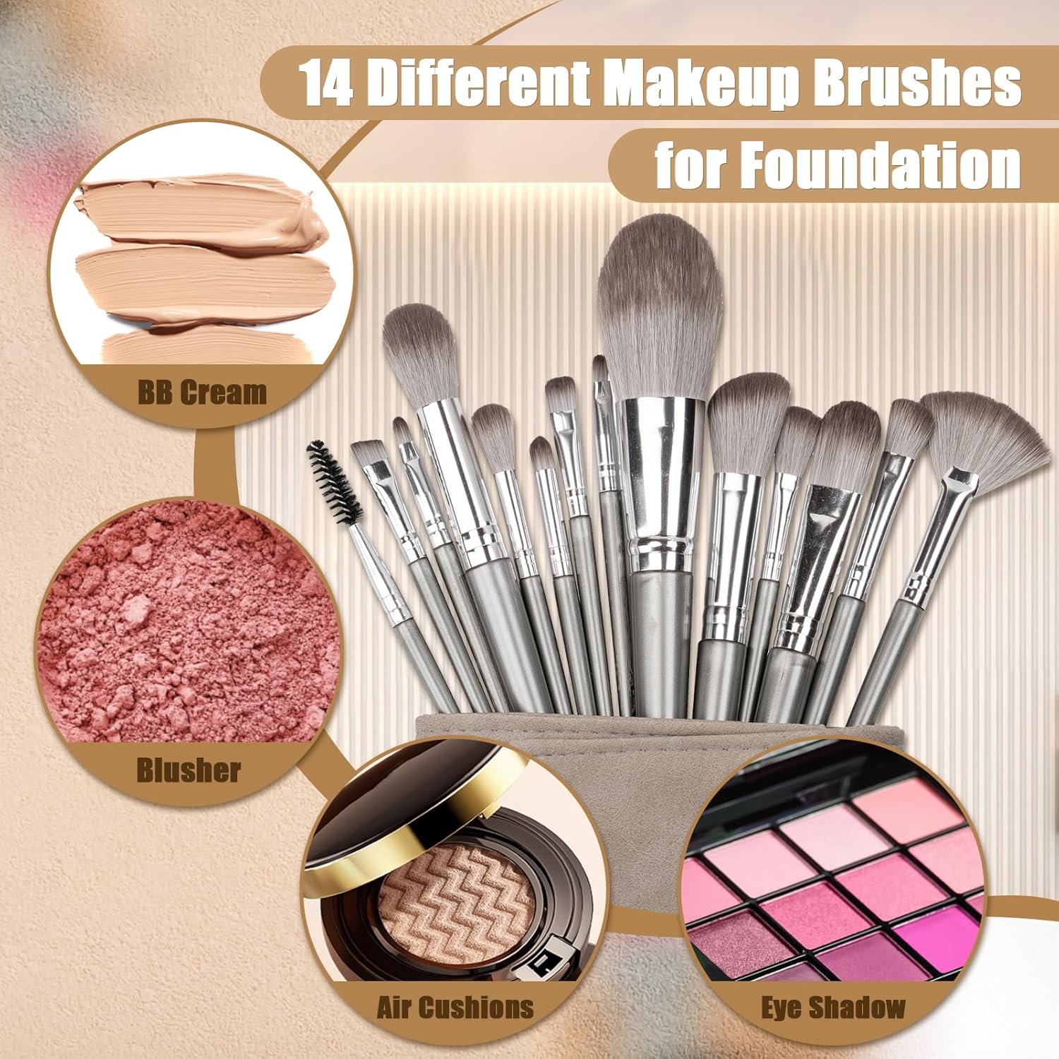 Makeup Brushes, 14 Pcs Professional Makeup Brush Set, Eye and Face Foundation Brush Set, Eyeshadow Brushes, Cosmetic Brushes, with PU Bag, Grayish — image 4