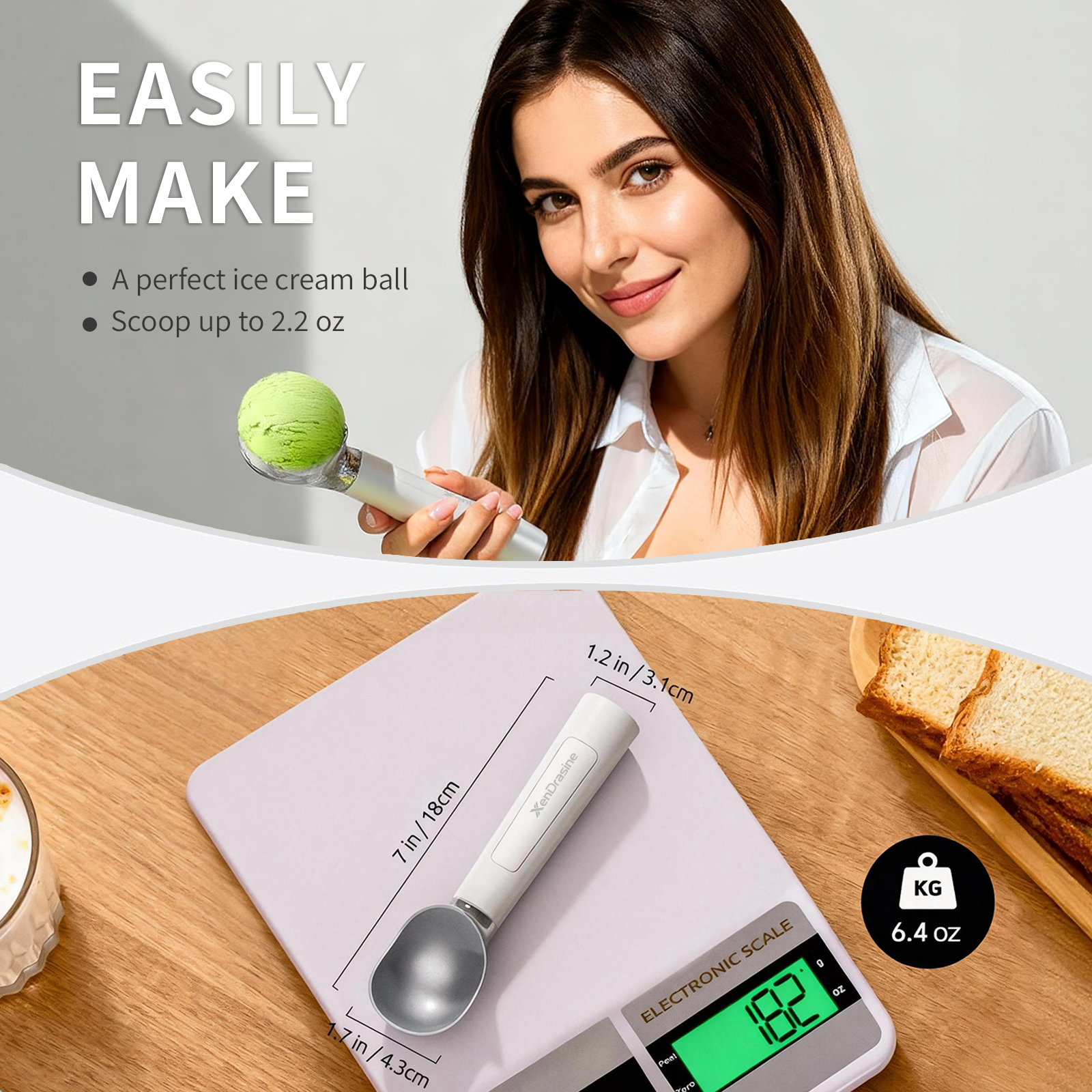 Heated Ice Cream Scoop, Rechargeable Electric Warming Scooper, Heats to for Hard Ice Cream, Waterproof, Easy for Seniors & Kids (White,17.8*4.3cm) — image 2