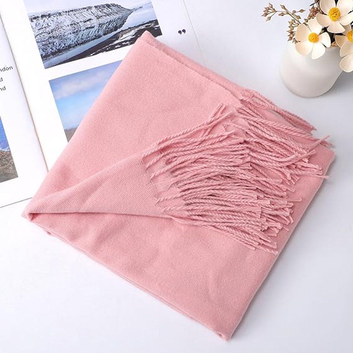 Women's Woven Winter Scarf, Large Tassel Shawl Wrap, Soft Warm Neck Warmer for Cold Weather Outfits, 70x200 cm, Pink โ image 4