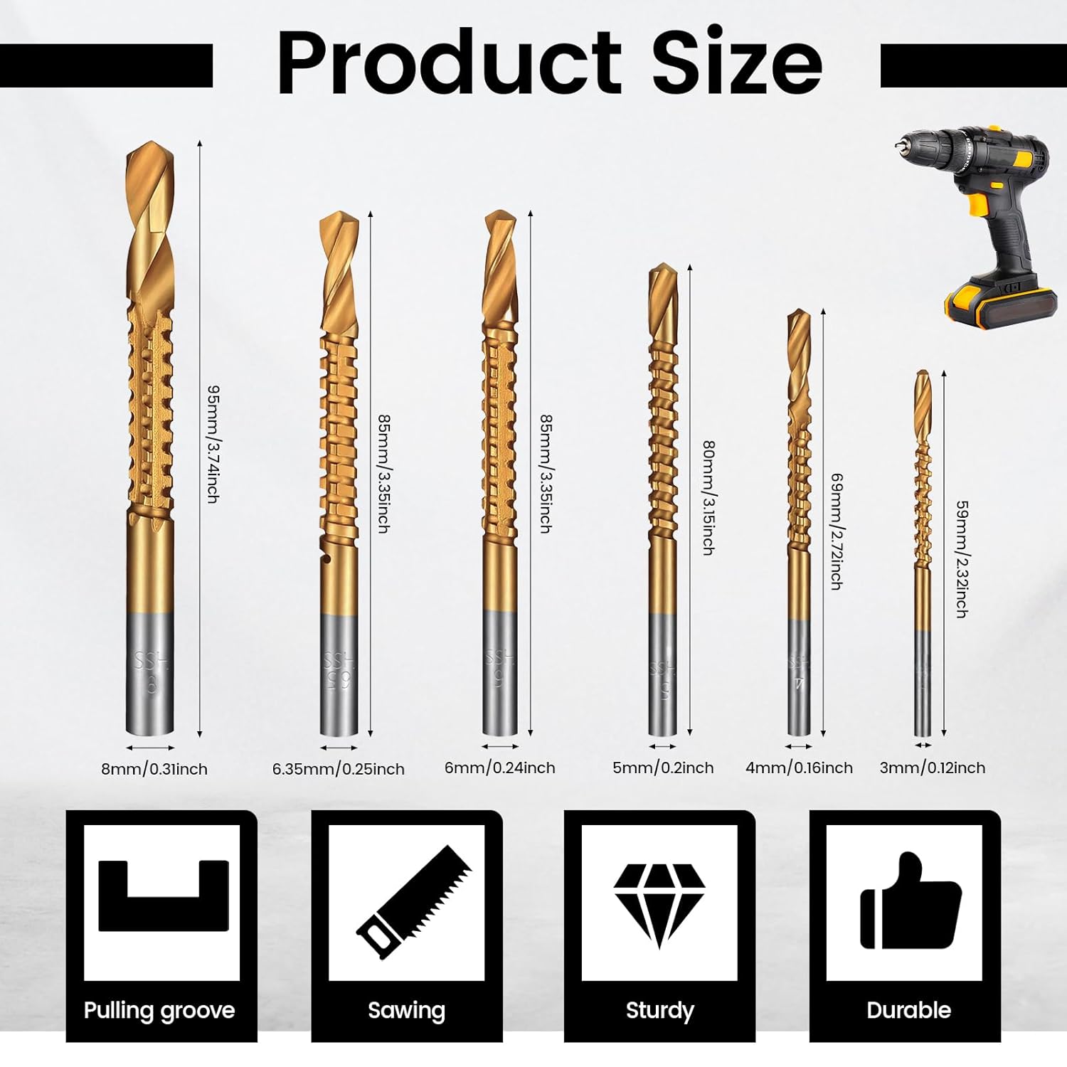 6 Pack Titanium Drill Bit Set, 3-8mm Serrated Side Cutting Drill Bit, Titanium Serrated Cutting Bits, Woodworking Tools, Hole Holesaw Tool for Plastic Metal