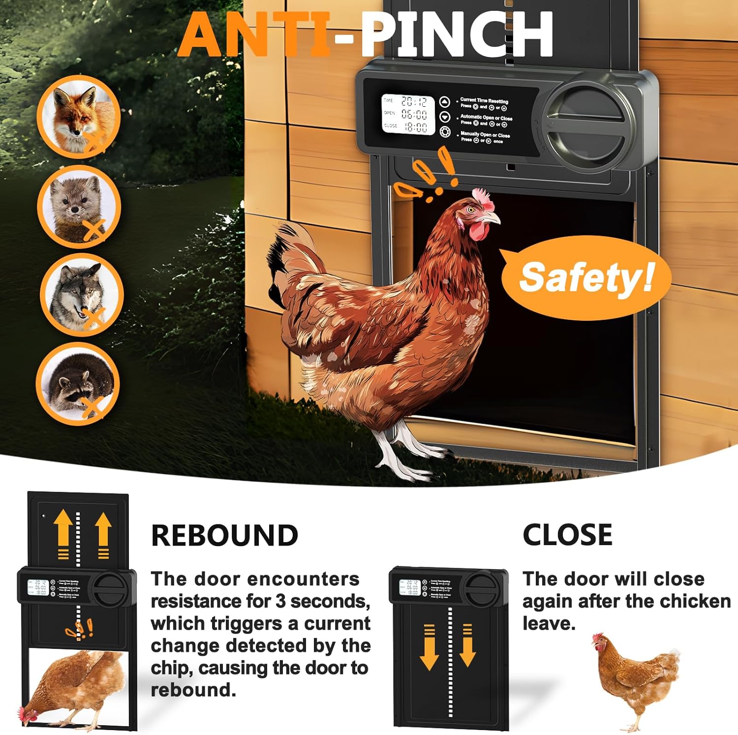 CARLA HOME Automatic Chicken Coop Door Opener with Timer Control, Anti-Pinch Protection, LCD Display & Battery Powered for Backyard Chickens — image 4