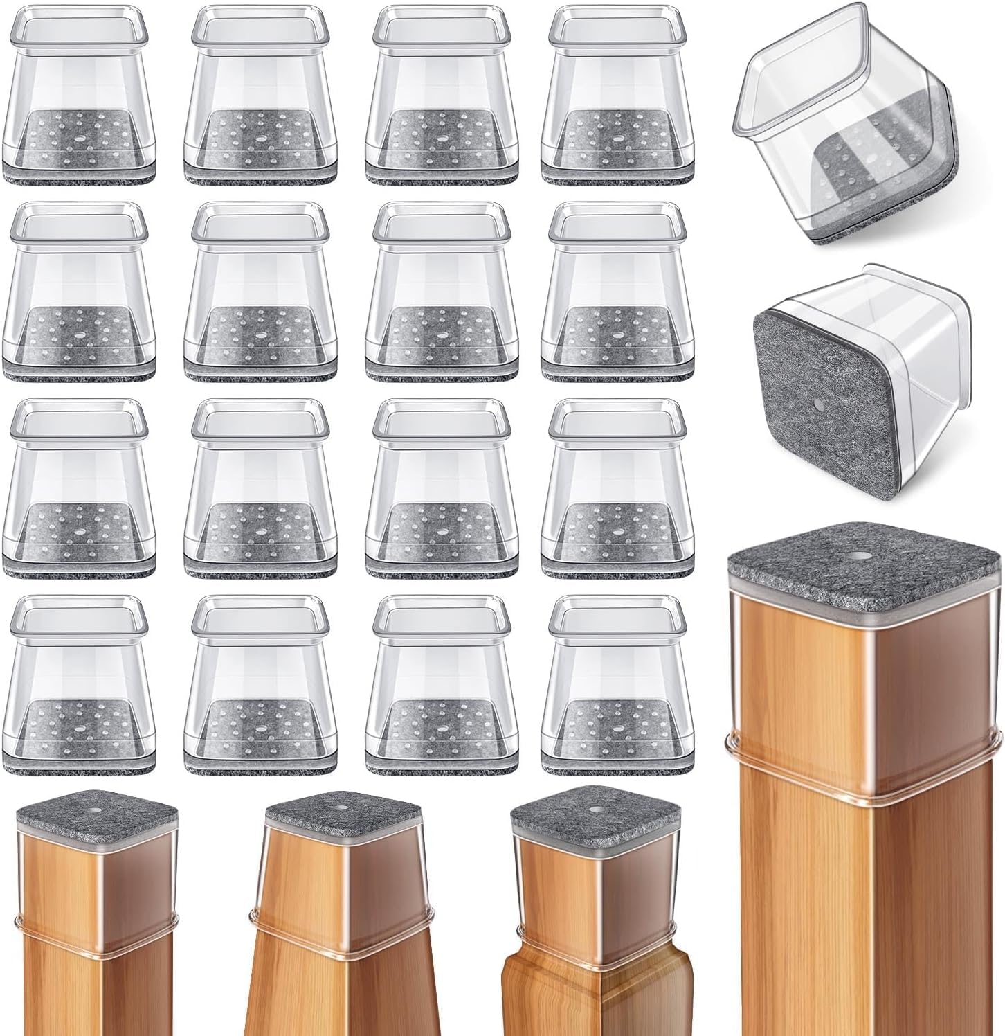 Ansible 24 Pcs Chair Leg Floor Protectors Square, Silicone Felt Furniture Leg Pads Caps Covers for Hardwood Floors (Fit:1-1/16" to 1-5/8")