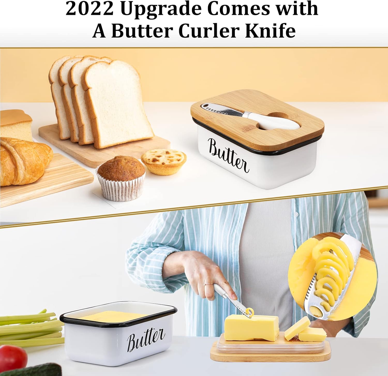 Butter Dish with Lid and Curler Knife - Unbreakable Stainless Steel Keeper Container Double Silicone Sealing, for Kitchen Farmhouse Decor White โ image 2