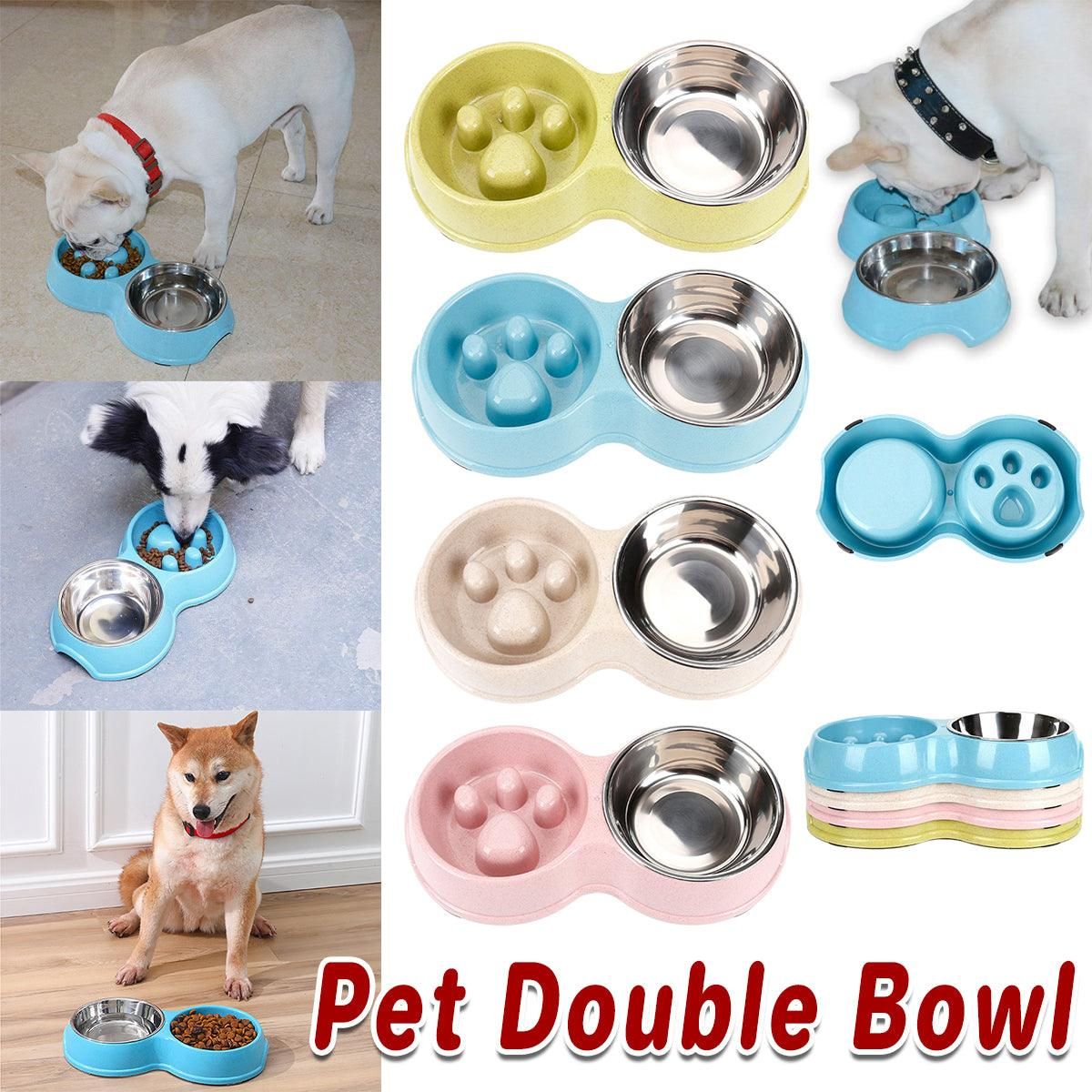 Dog Slow Feeder Double Bowl Pet Food and Water Dish - White — image 2