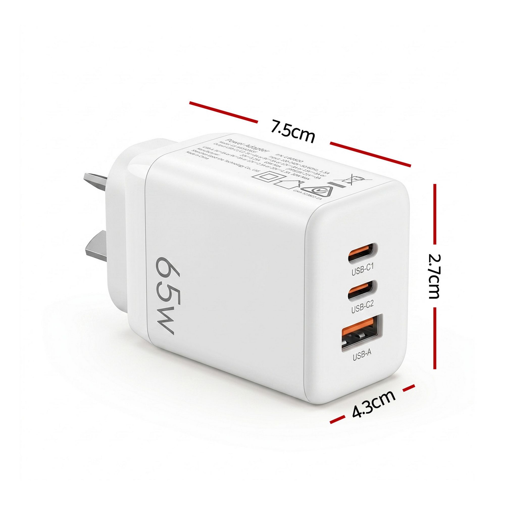 Devanti USB C Charger 65W Fast Charger 3 Port PD Wall Adapter White โ image 2
