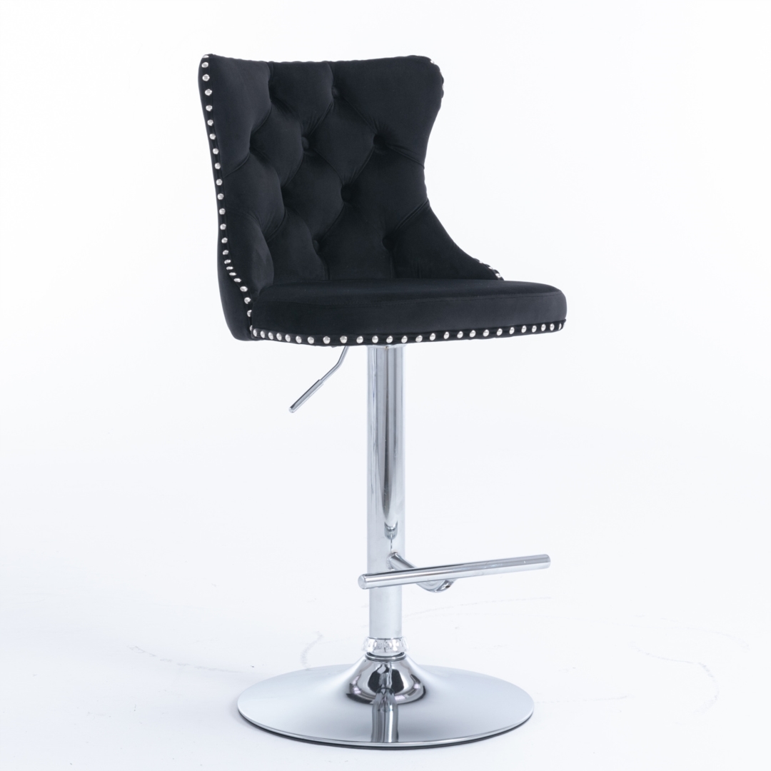 2x Height Adjustable Swivel Bar Stool Velvet Studs Barstool with Footrest and Chromed Base- Black โ image 2