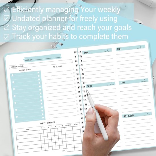 Weekly planner - Notebook for weekly to-do list - With goals and habit tracker - A5 format - Spiral binding - Unisex (Blue, Type A) β image 6