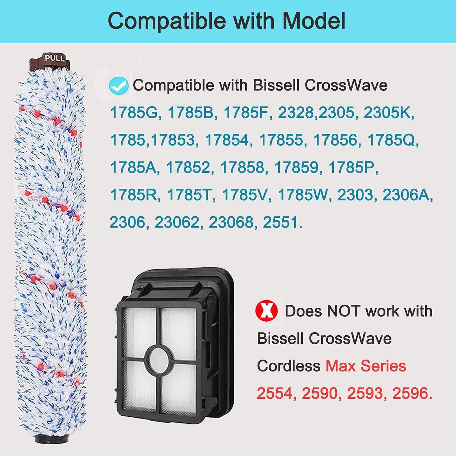 6 Pack Replacement Parts Compatible with Bissell CrossWave Vacuum Cleaner, 3 Pack Multi-Surace Brush Roll 1868,3 Pack Vacuum ilter 1866,Compare to Part — image 3