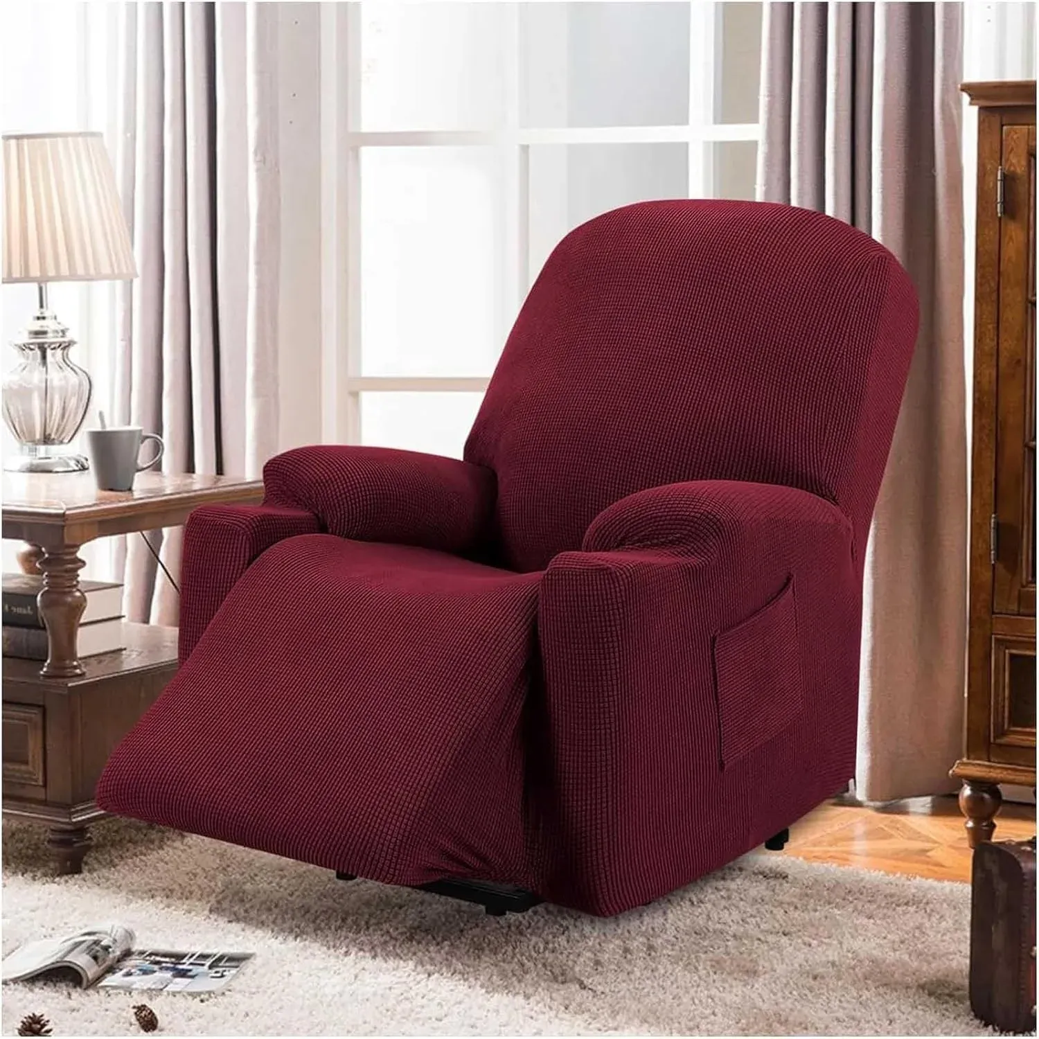 Power Lift Recliner Chair Cover, Stretch Jacquard Slipcover with Side Pocket, Wine Red โ image 6