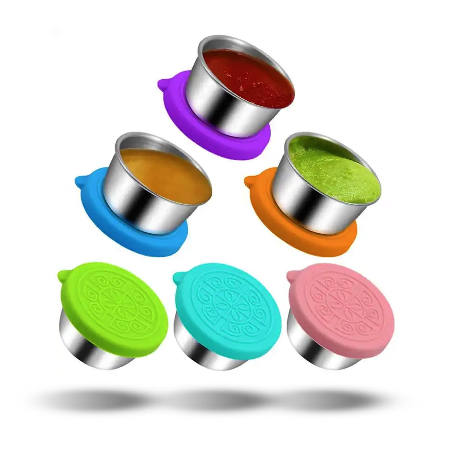 Pack of 6 Salad Dressing Container To Go: Small Condiment Containers with Lids, Reusable Stainless Steel Sauce Cups
