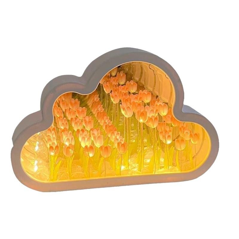 Celestial Petal Mirror, Cloud Tulip Lamp Mirror, Tulip Flower Cloud Mirror, DIY Cloud Tulip Mirror Night Light with 20 Flowers. (Pink)