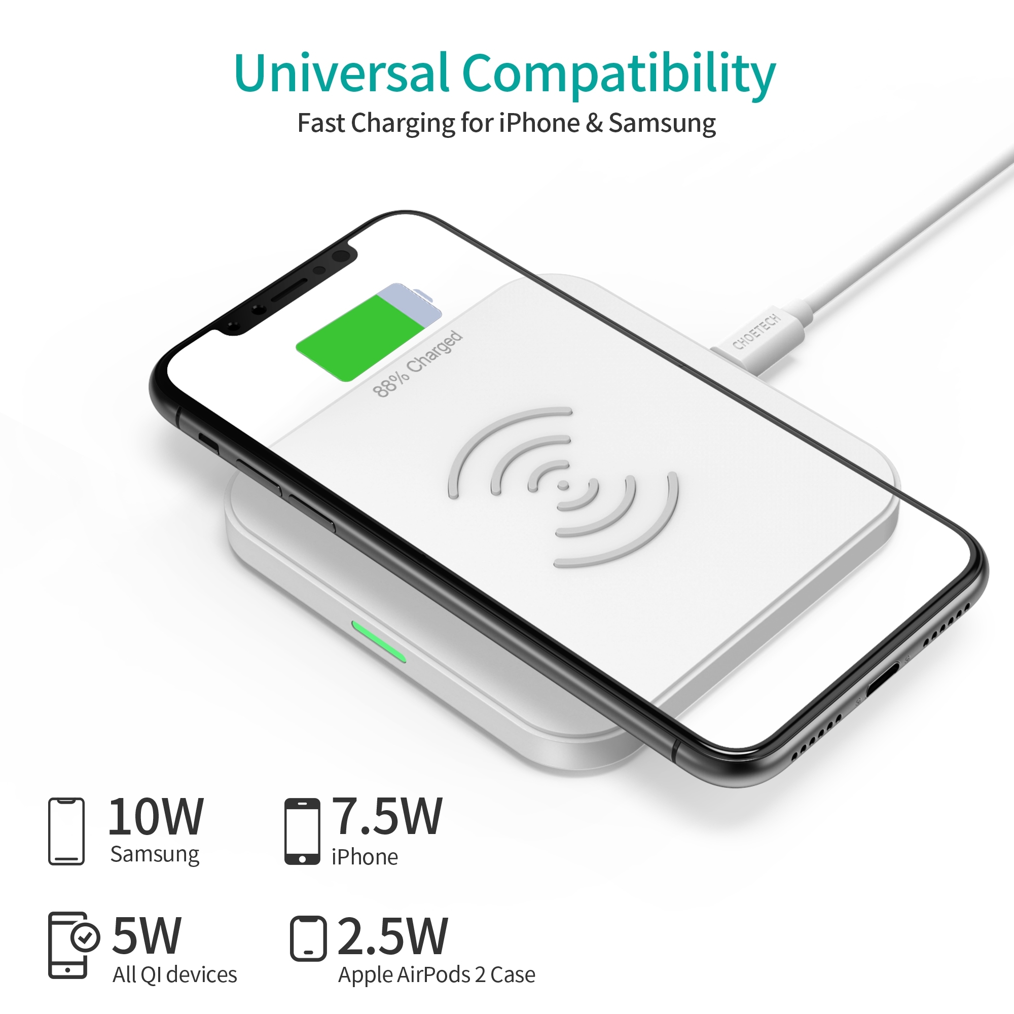CHOETECH T511-S 10W/7.5W Fast Wireless Charger Pad (White) — image 4