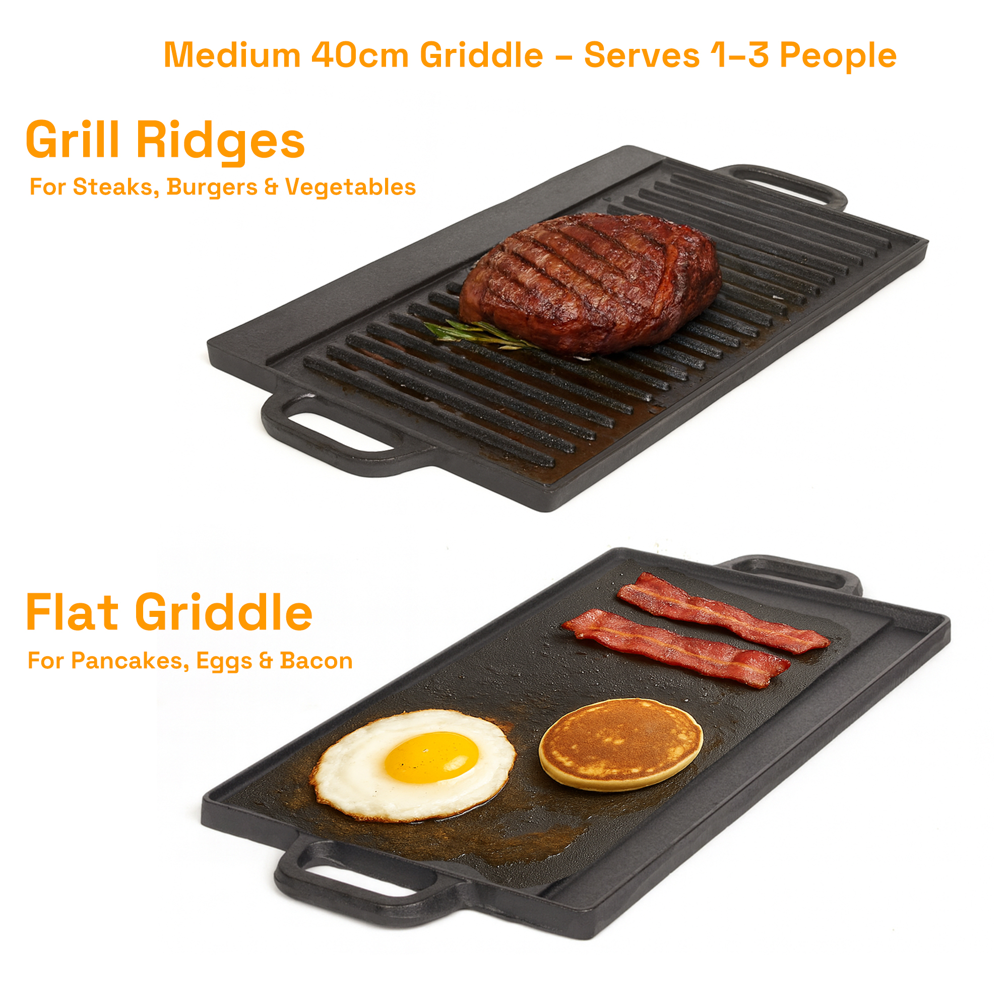 40 cm Reversible Cast Iron Grill & Griddle -Dual-Sided (Flat & Ribbed), Pre-Seasoned, Handles, for Stove-Top & Outdoor Use โ image 3