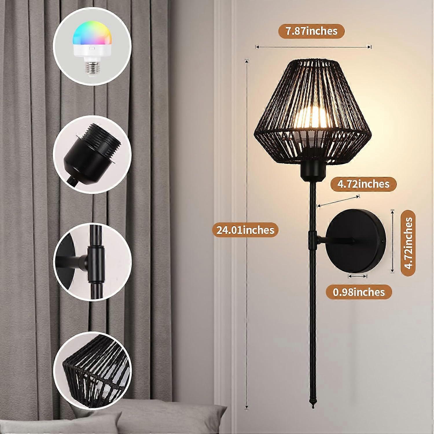 Battery Operated Wall Sconces Set of 2, Boho Rattan LED, Rechargeable, Remote, RGB Dimmable โ image 3