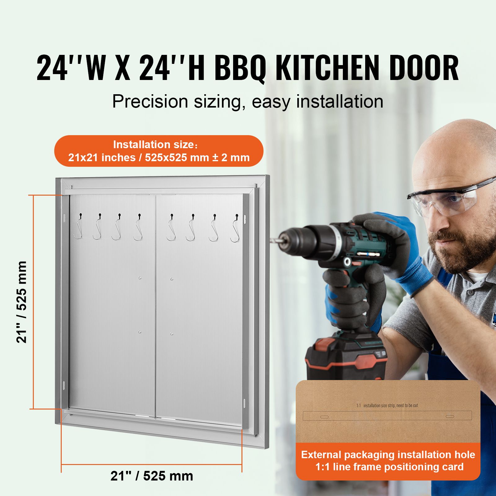 BBQ Access Door, 610 × 610 mm Double Outdoor Kitchen Door, Stainless Steel Flush Mount Door, Double Wall Vertical Door with Handles and Hooks, for BBQ Island — image 2