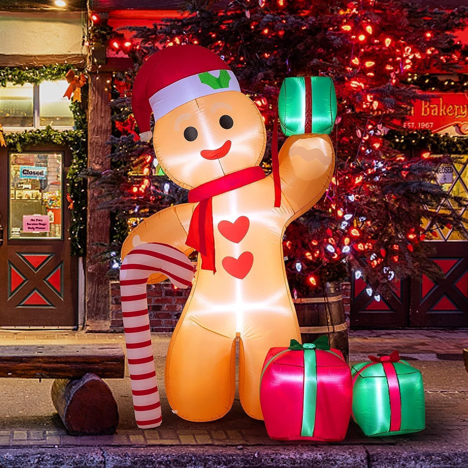 8FT/2.4m Lighted Inflatable Gingerbread Man Christmas Decoration with Candy Cane & Gift Boxes, Outdoor Indoor Holiday Yard Lawn Display with Built-in LED — image 3