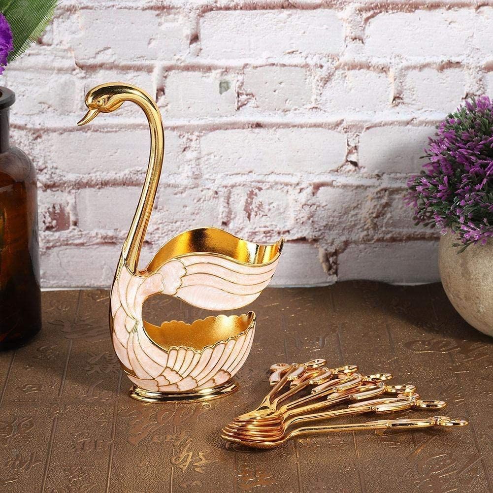 Fruit Dessert Flatware Swan Base Holder Metal Coffee Spoon Organizer with 6pcs Coffee Dessert Sugar Ice Cream Spoons (Gold) โ image 4