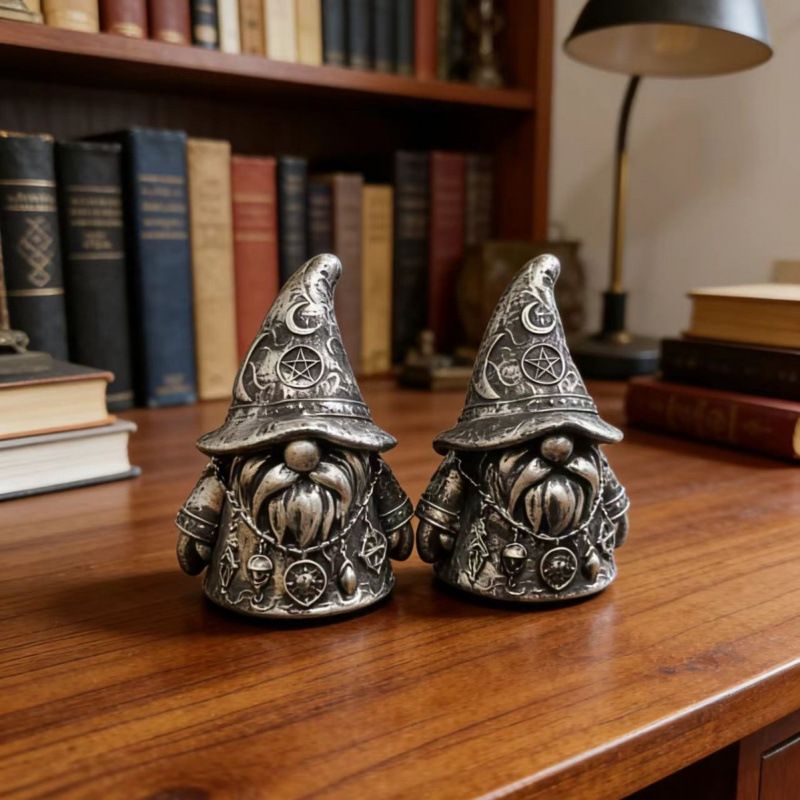 2PCS Antique Silver Gothic Wizard Gnome Figurine Set, Pentagram Moon Wicca Dwarf Resin Statues, Dark Aesthetic Tabletop Decor for Australian Witchy & Bohemian — image 3