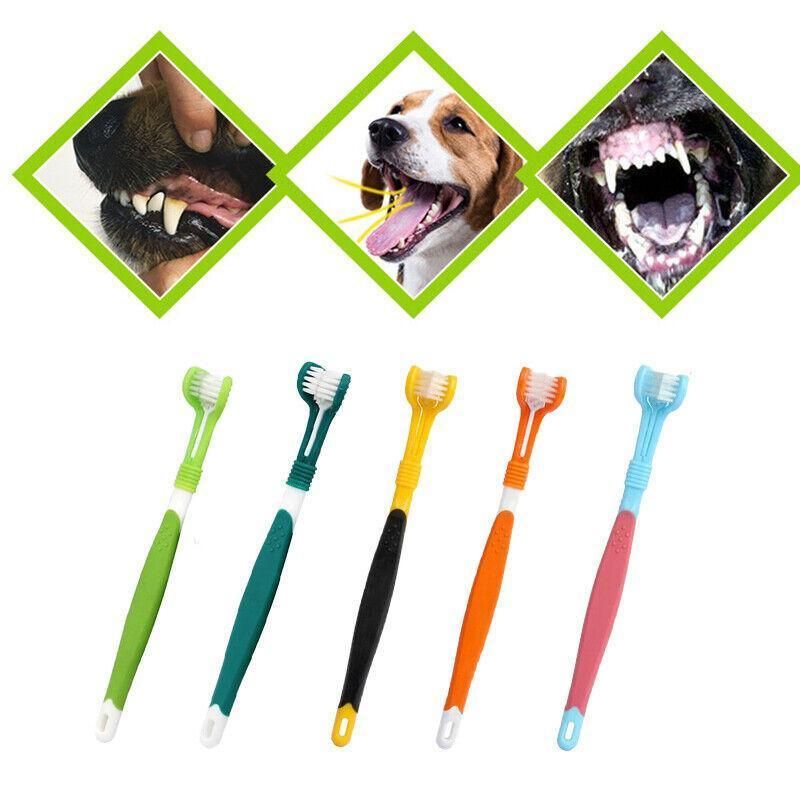 Three Sided Dog Toothbrush Pet Cat Teeth Cleaning Tool Oral Mouth Care Soft Bristle - Red+Blue โ image 4