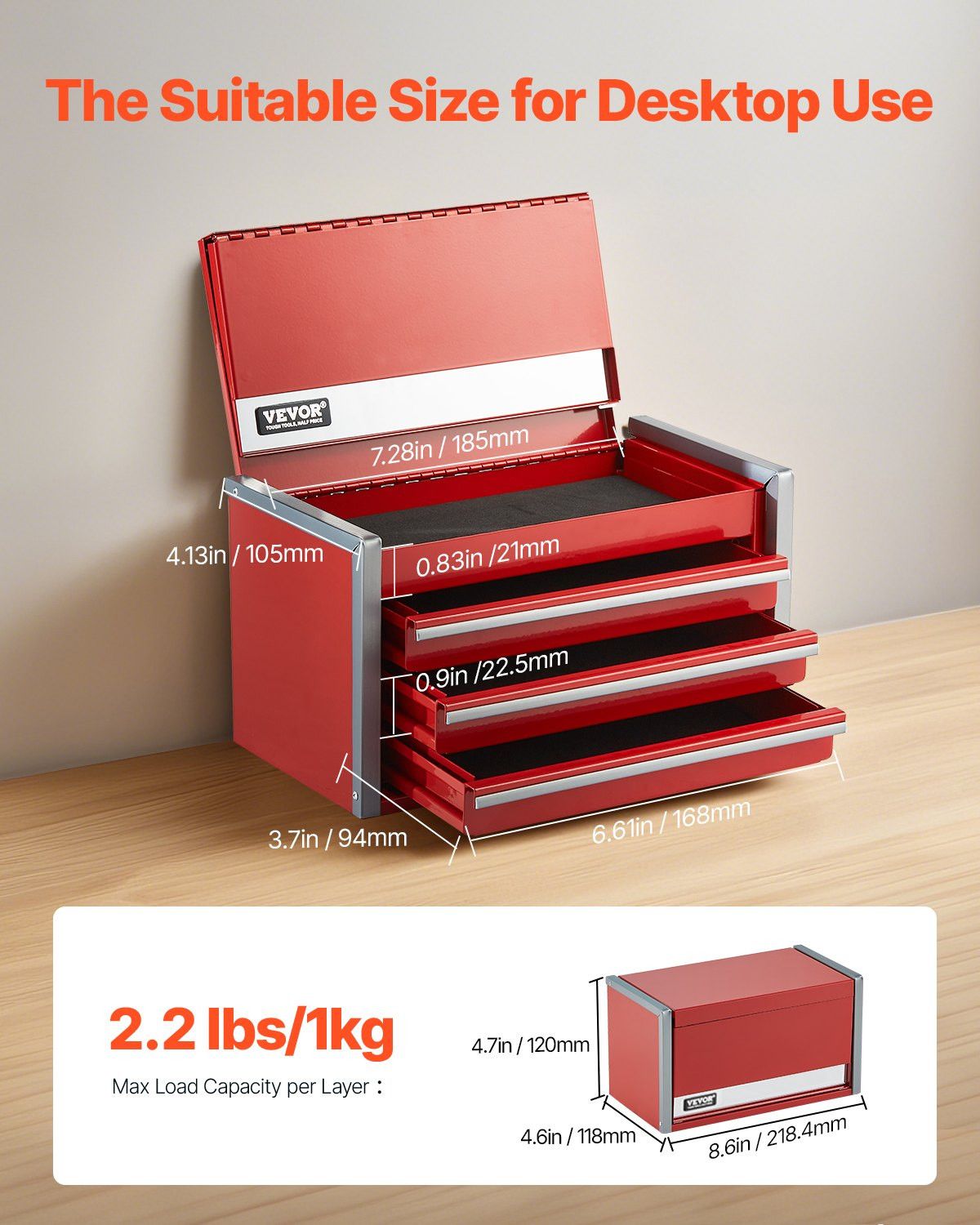 8.6-Inch Portable Metal Tool Box with 3 Drawers, Small Tool Chest with EVA Liners, PP Feet Pads, Heavy-Duty Steel, Ball Bearing Opening, Powder โ image 2