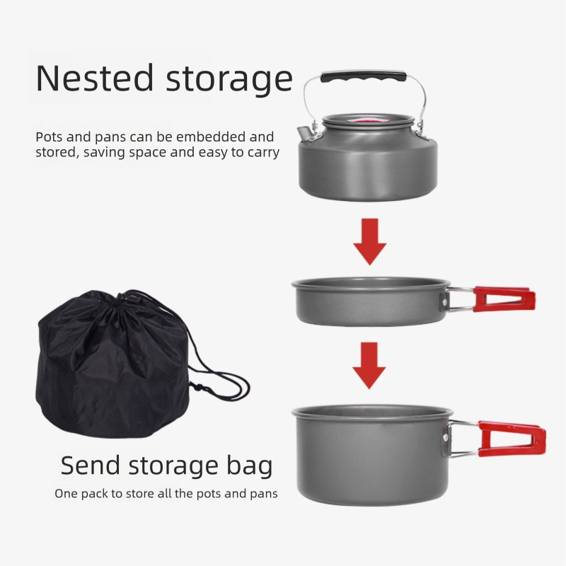 Portable Camping Cookware Set for 3-5 People Aluminum Kettle Pot Frying Pan Mess Kit with Folding Handles for Hiking and Outdoor Use — image 2