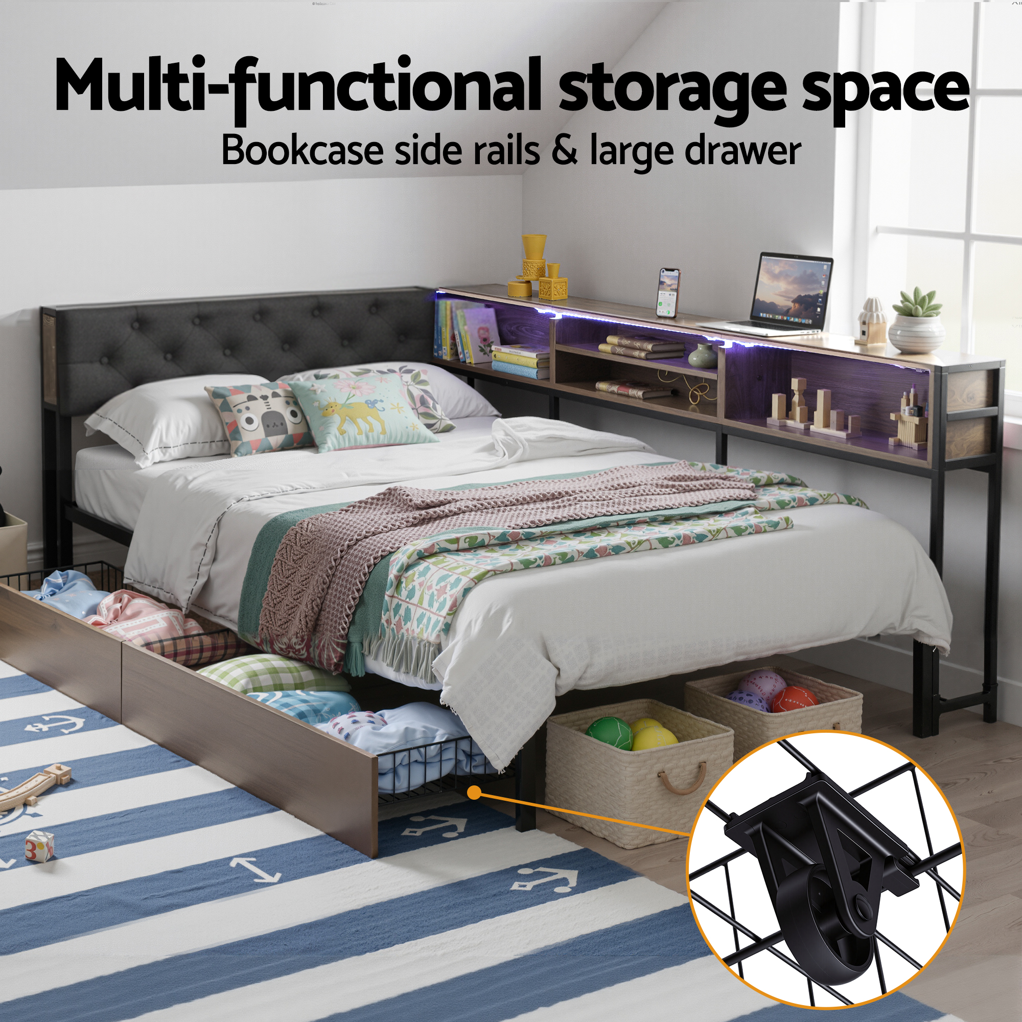 Artiss Bed Frame King Single Size with 2 Drawers and Charging Station Metal Corner Bed Base — image 6