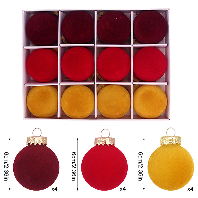 12-Piece Velvet Christmas Ornament Set - Classic Wine Red, and Yellow Baubles for Holiday Tree Decoration (6cm)