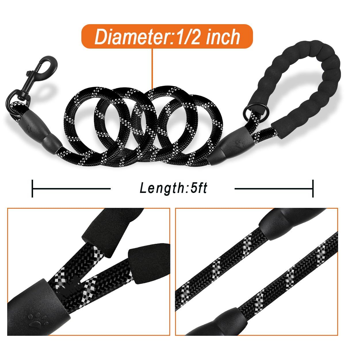 Dog Leashes for Large Dogs Heavy Duty Dog Leash 2 Pack 5 FT with Comfortable Padded Handle Highly Reflective Threads (Black) โ image 4