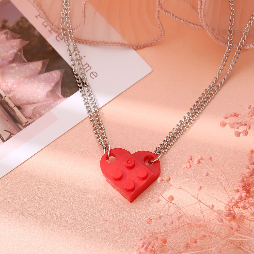 Couples Colorful Brick Heart Pendant Shaped Necklace for Friendship 2 Two Piece Keychain Puzzle Jewelry Set Made -3pcs — image 4