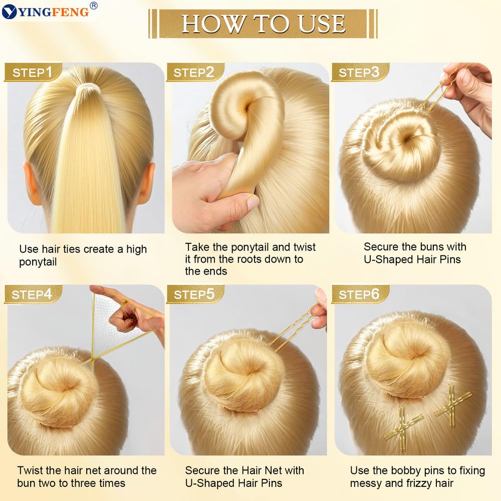 510PCS Blonde Bobby Pins Hair Pins Kit with Hair Net, Includes 100 Bobby Pins for Women, 100 U Shaped Buns Hair Clips, 300 Hair Bands and 10 Blonde Hair Nets — image 5