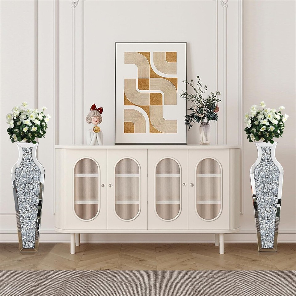 Sparkling Crushed Diamond Mirrored Floor Vase Tall Silver Glass Fake Flower Vase — image 6