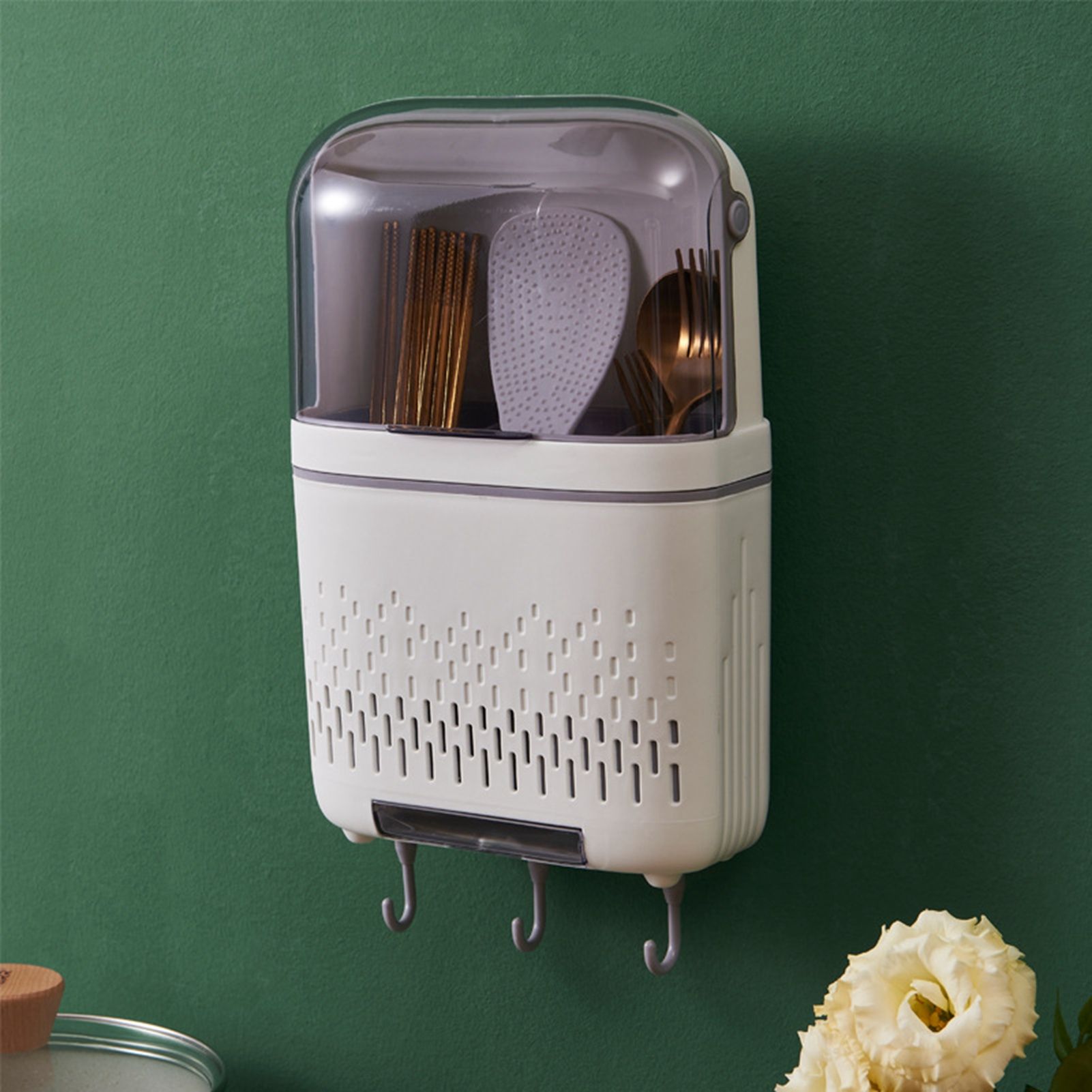 Kitchen Hanging Rack Rustproof Waterproof Compartmental Storage Cutlery Drainer with Cover Moonlight White — image 2
