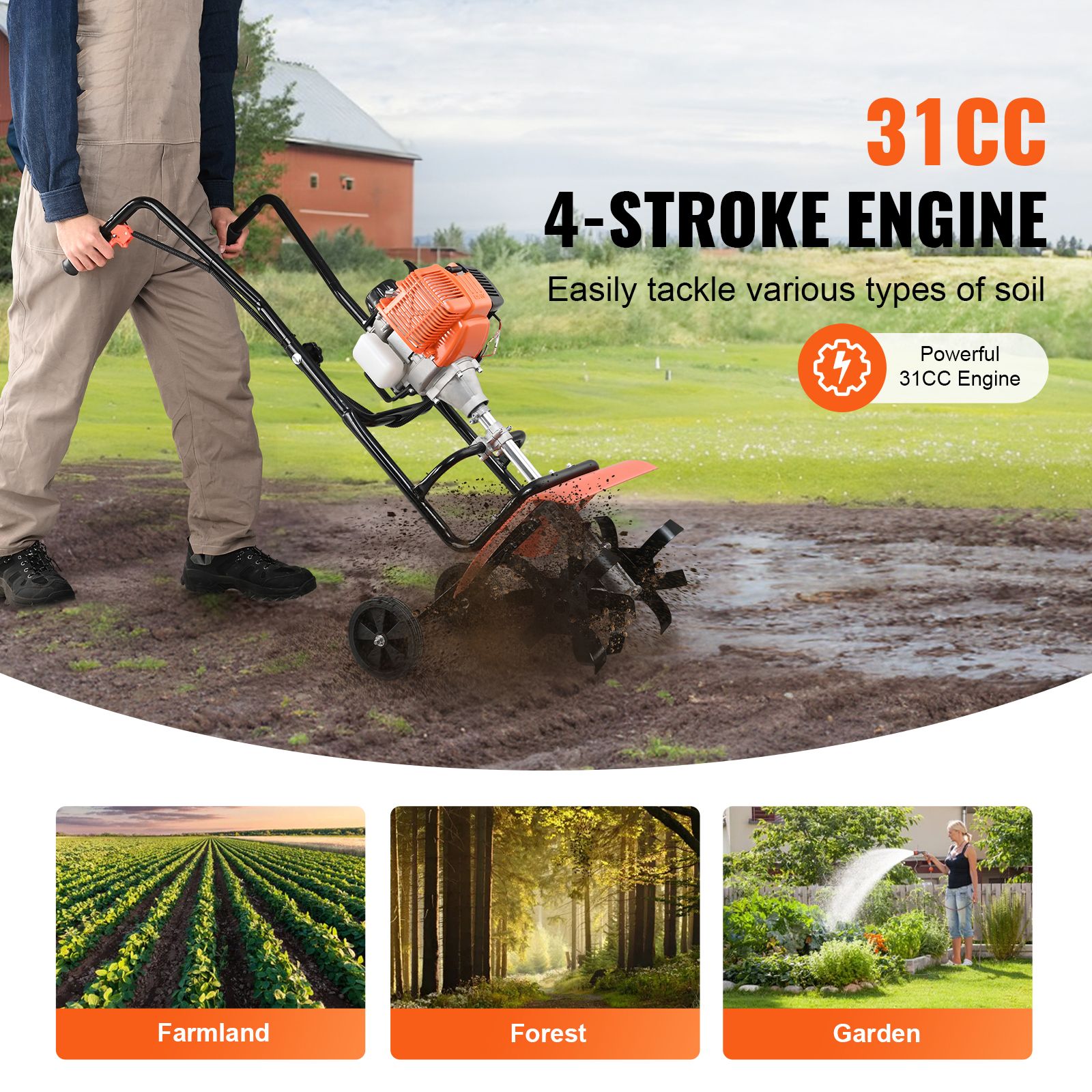 Tiller Cultivator Gas Powered, 31CC 4-Stroke Garden Cultivator, Tiller with 4 Steel Adjustable Front Tines for Lawn, Garden and Field Soil Cultivation — image 2