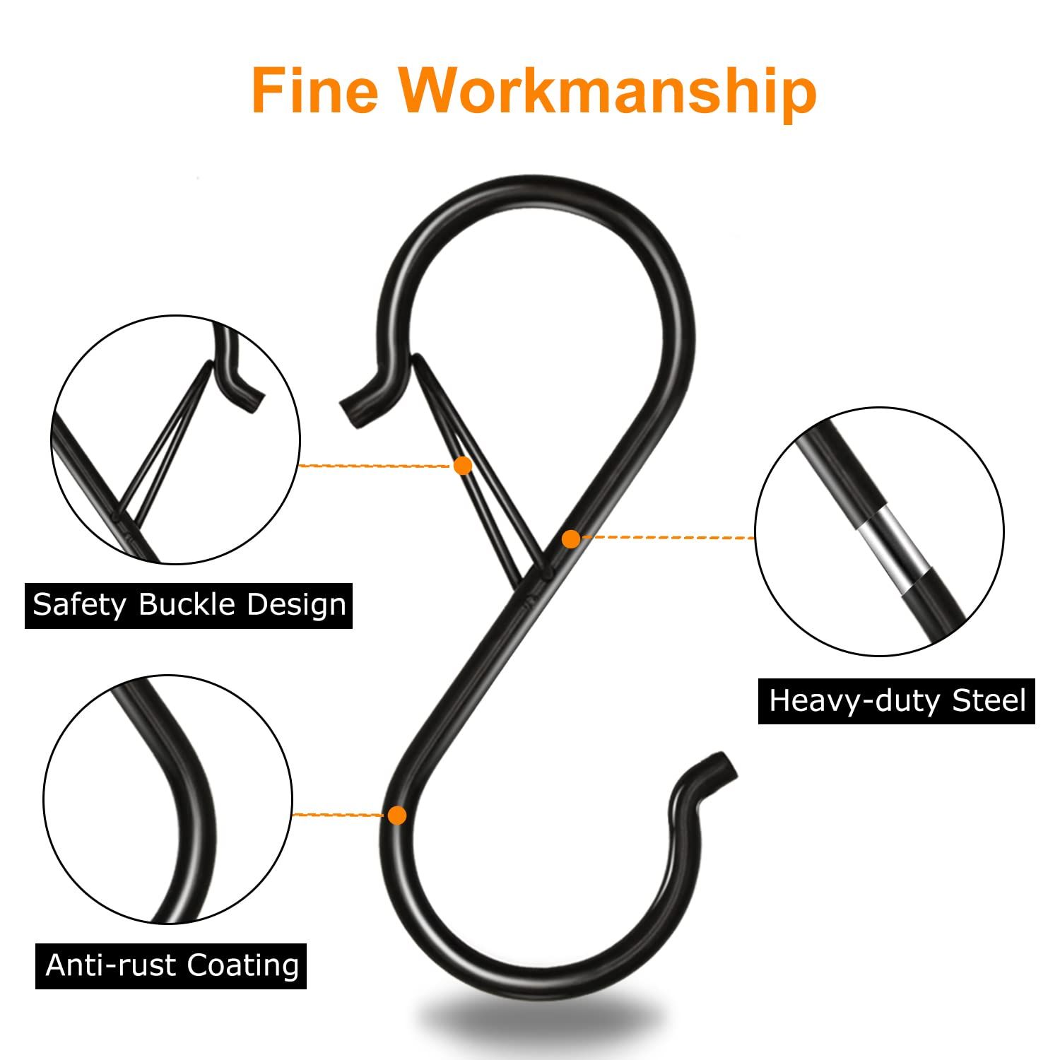 6 Pack S Hooks for Hanging, 3.7 inch Heavy Duty Metal S Hooks with Safety Buckle S Shaped Hooks Pot Rack Closet Hooks โ image 2