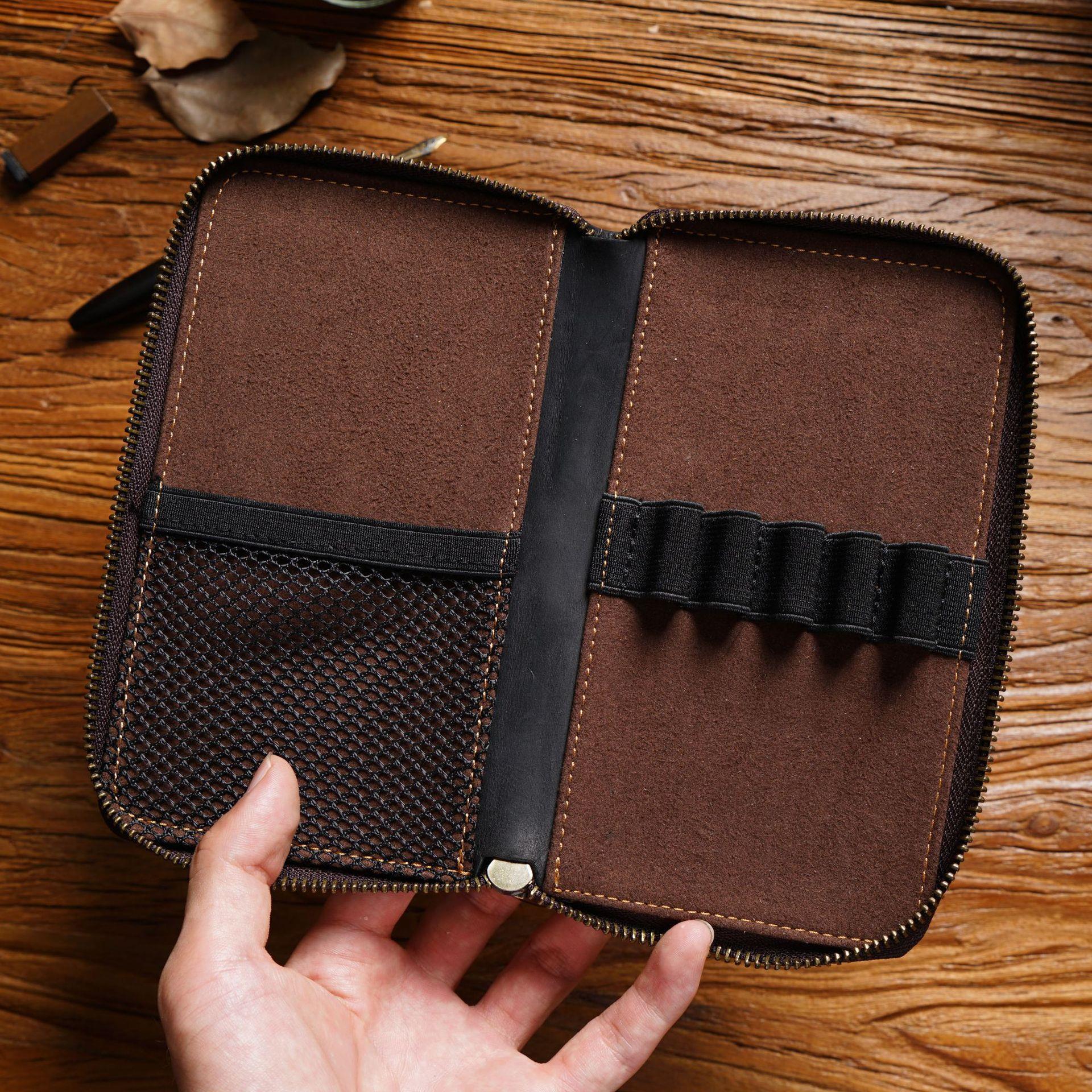 Blue Genuine Crazy Horse Leather Fountain Pen Case Zippered Organiser Pouch with 5 Elastic Loops & Mesh Pocket Vintage Stationery Holder — image 4