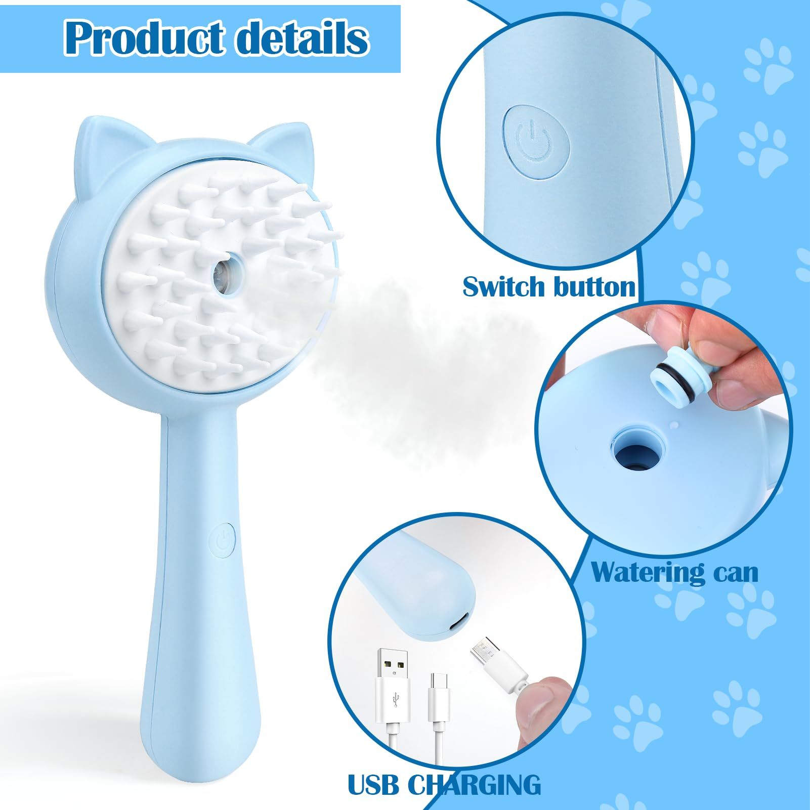 Cat Brush with Handle, Cat Steam Brush for Cat/Dog Hair Grooming with Water Tank, Steaming Cat Brush for Pet Shedding Massage(Blue) — image 2