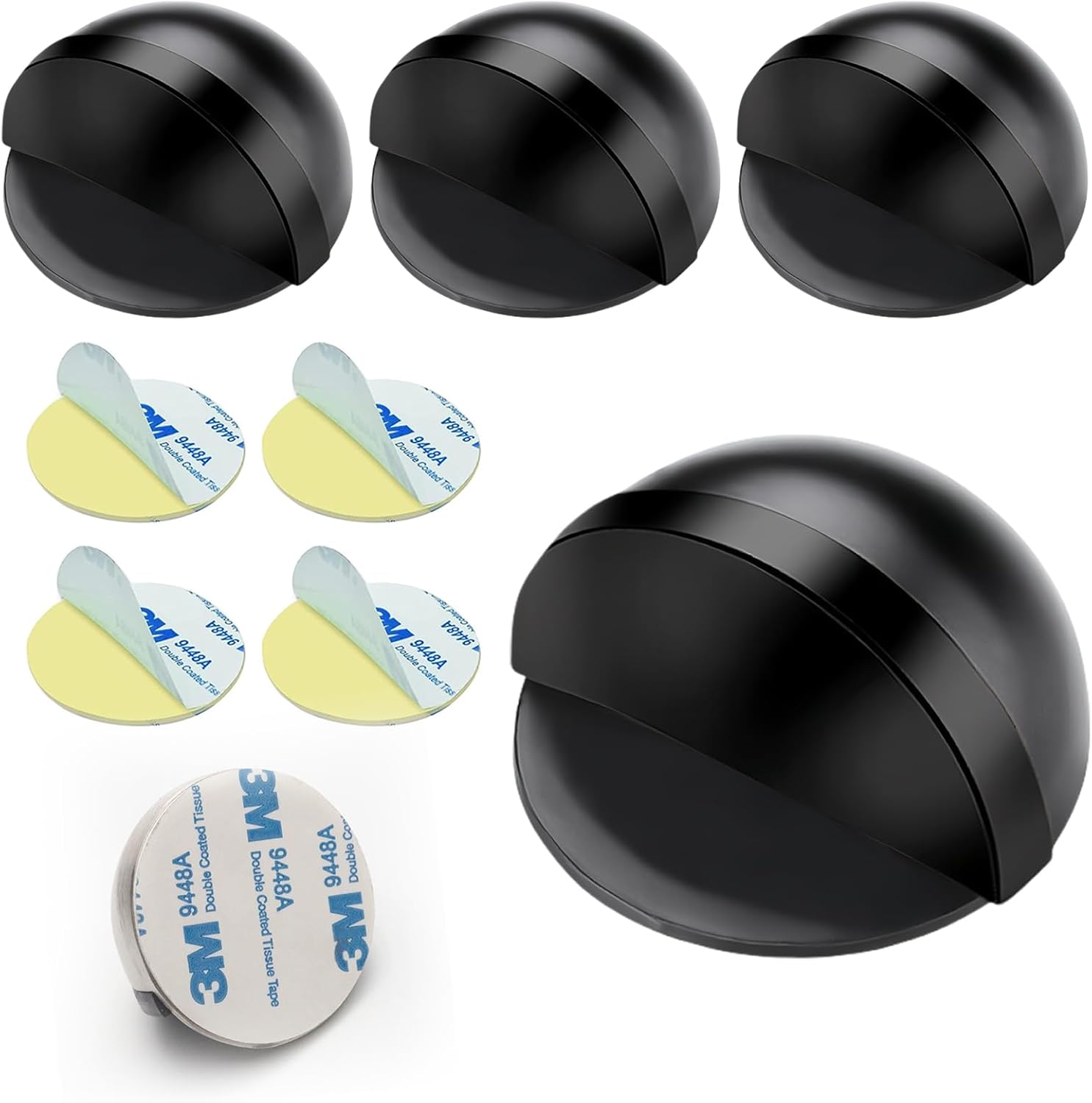 Drill-Free Floor Mounted Door Stoppers 3M Adhesive Self Adhesive Door Stoppers with Black Rubber Bumper Tips Floor Mount Half Dome Door Stopper for Office