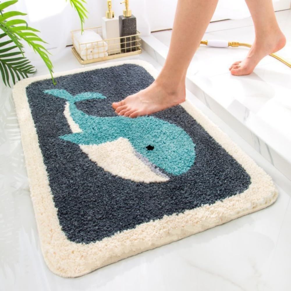 Bathroom Rugs Grey Whale Bath Rug for Bathroom Non-Slip Soft Absorbent Machine-Washable, Shower Bathroom, 20 × 31.4 Inch, Grey